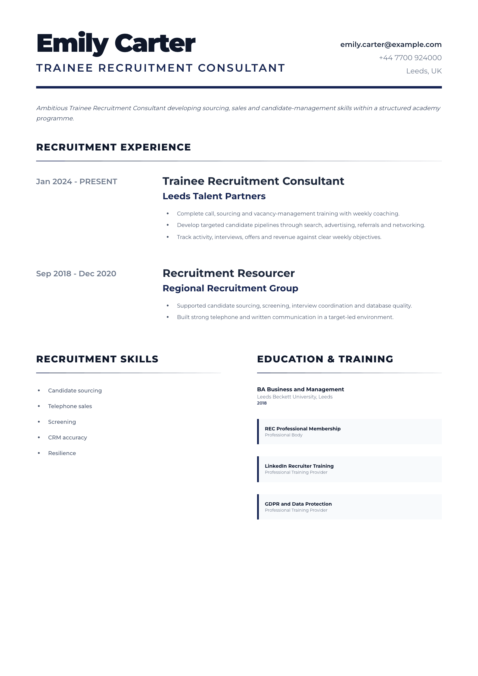 Trainee Recruitment Consultant CV template