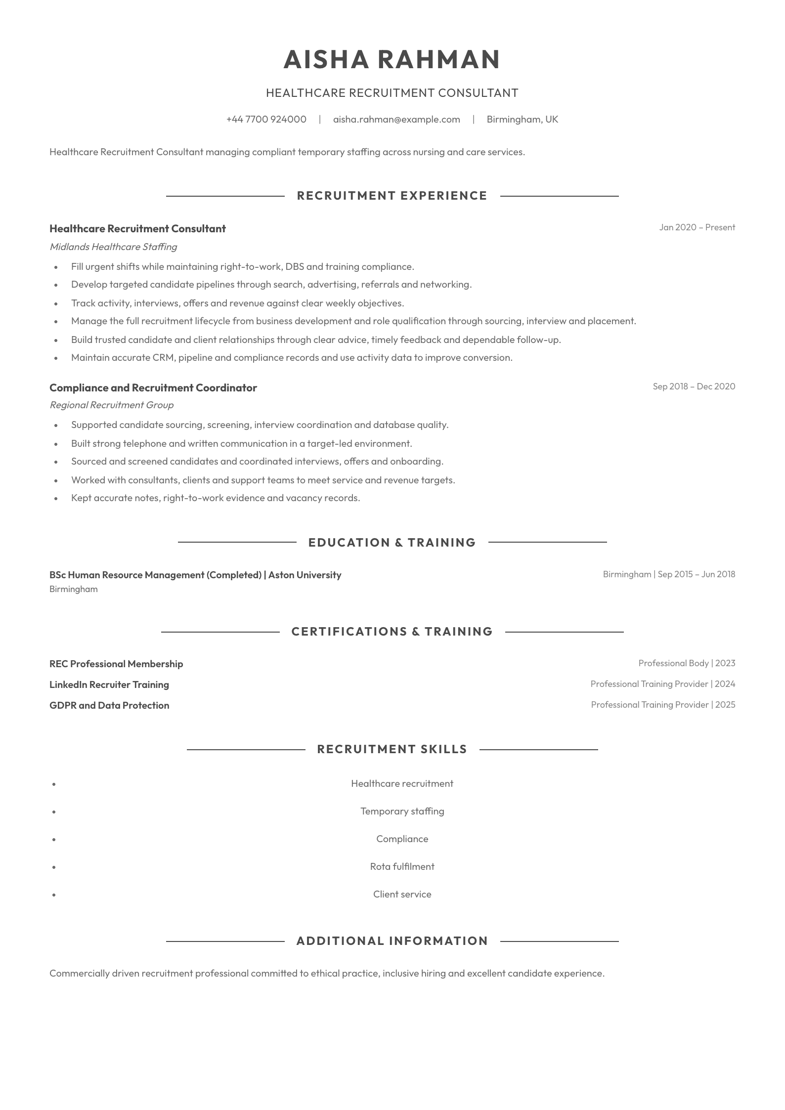 Healthcare Recruitment Consultant CV template