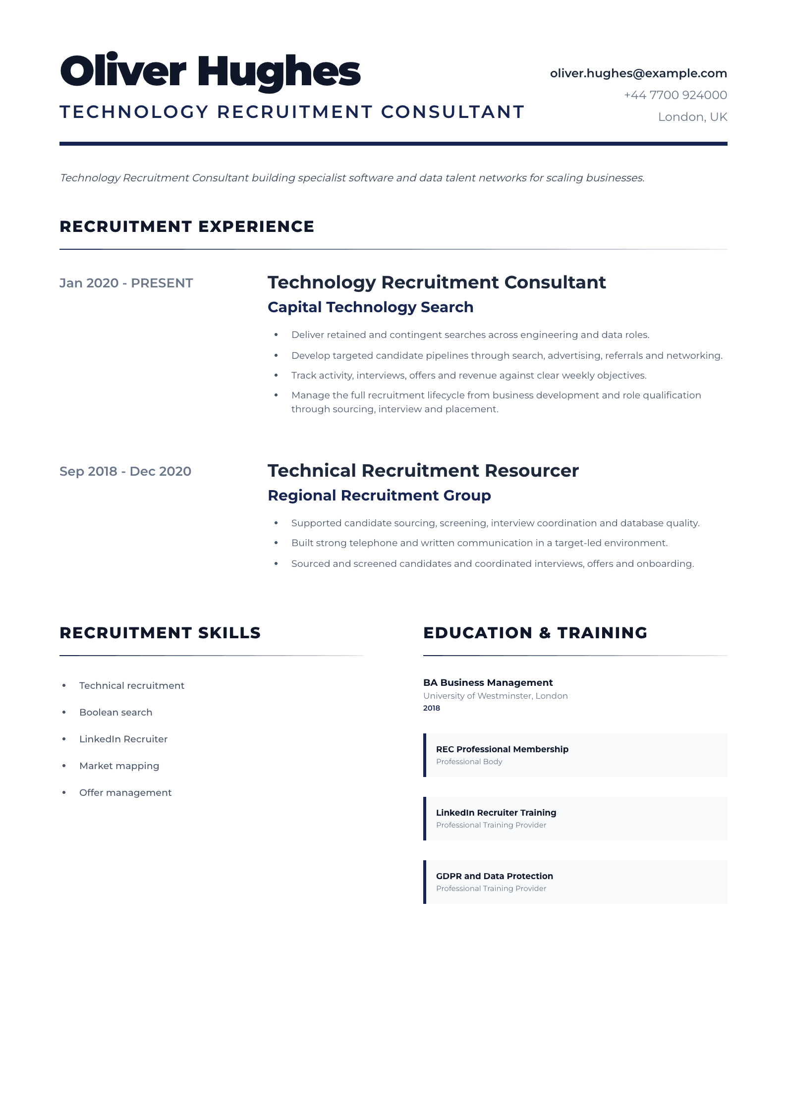 Technology Recruitment Consultant CV template