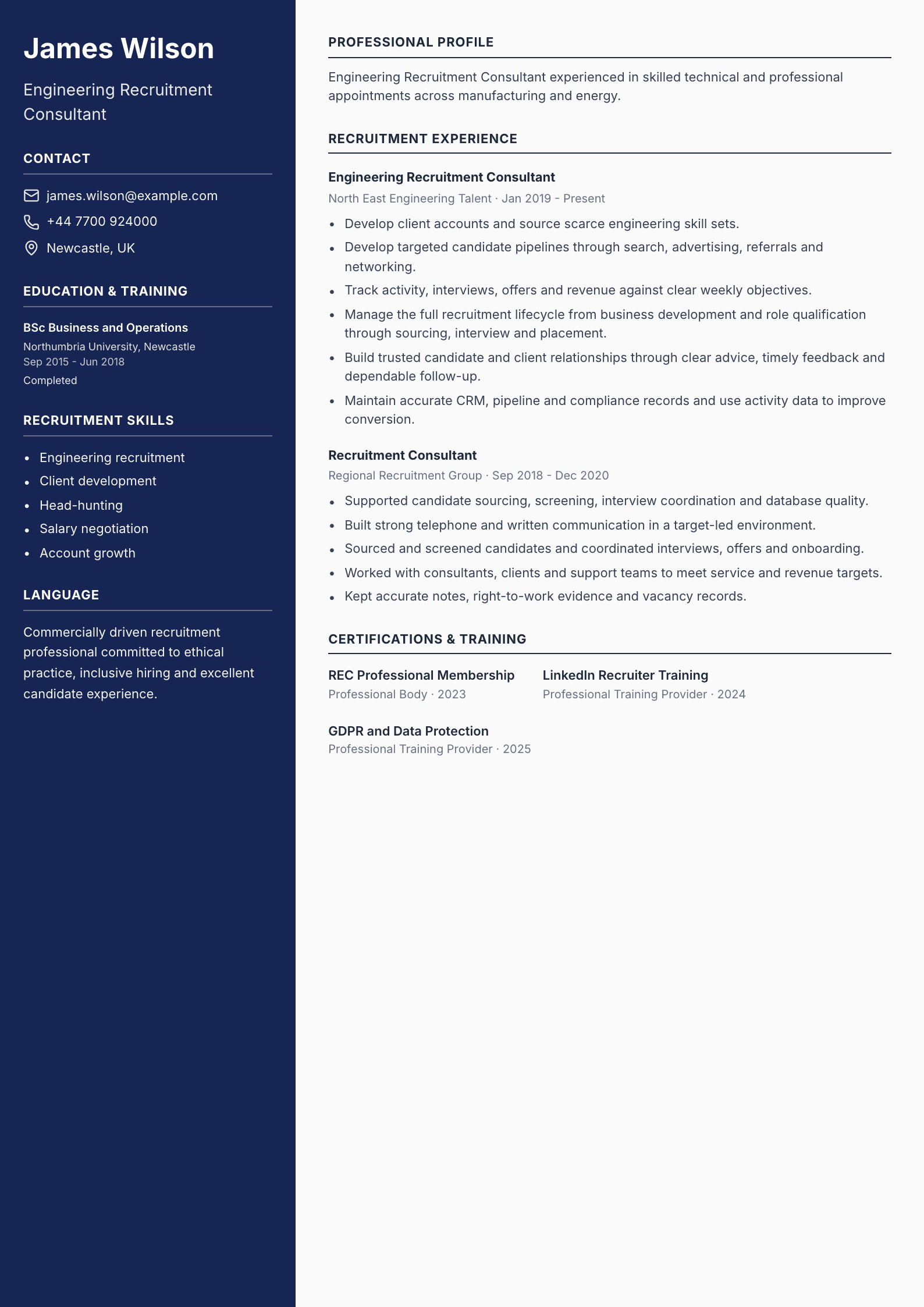 Engineering Recruitment Consultant CV template