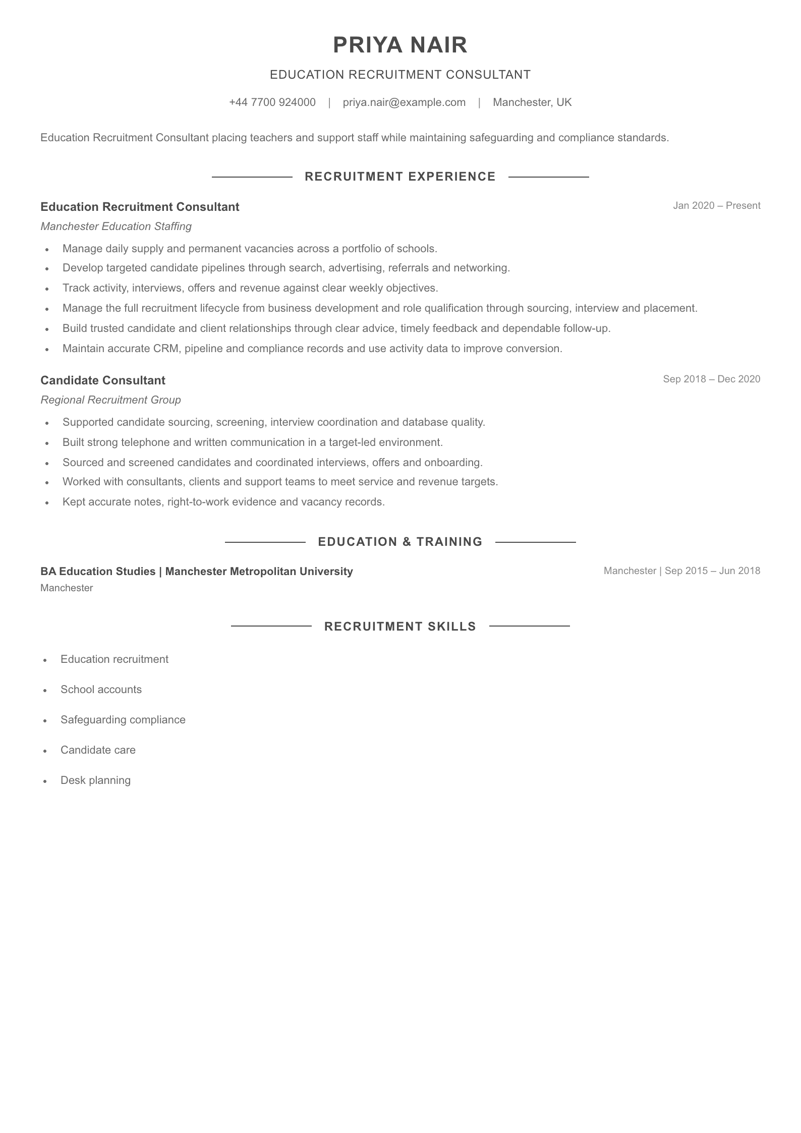 Education Recruitment Consultant CV template