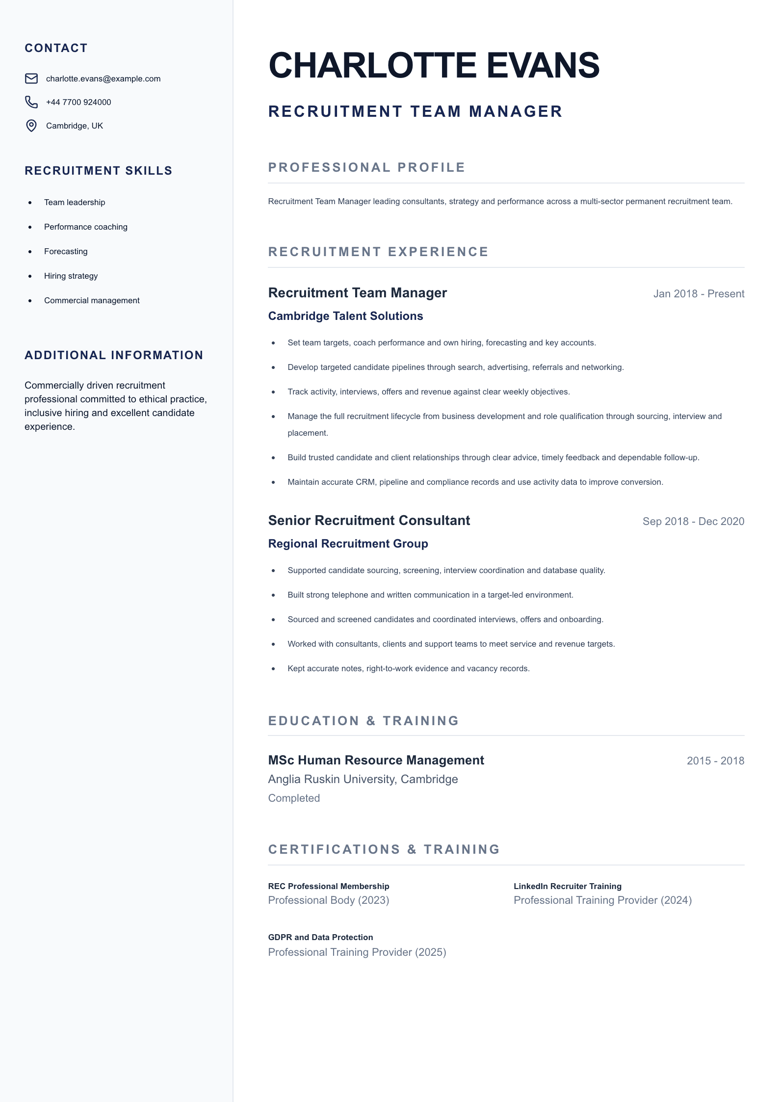 Recruitment Team Manager CV template