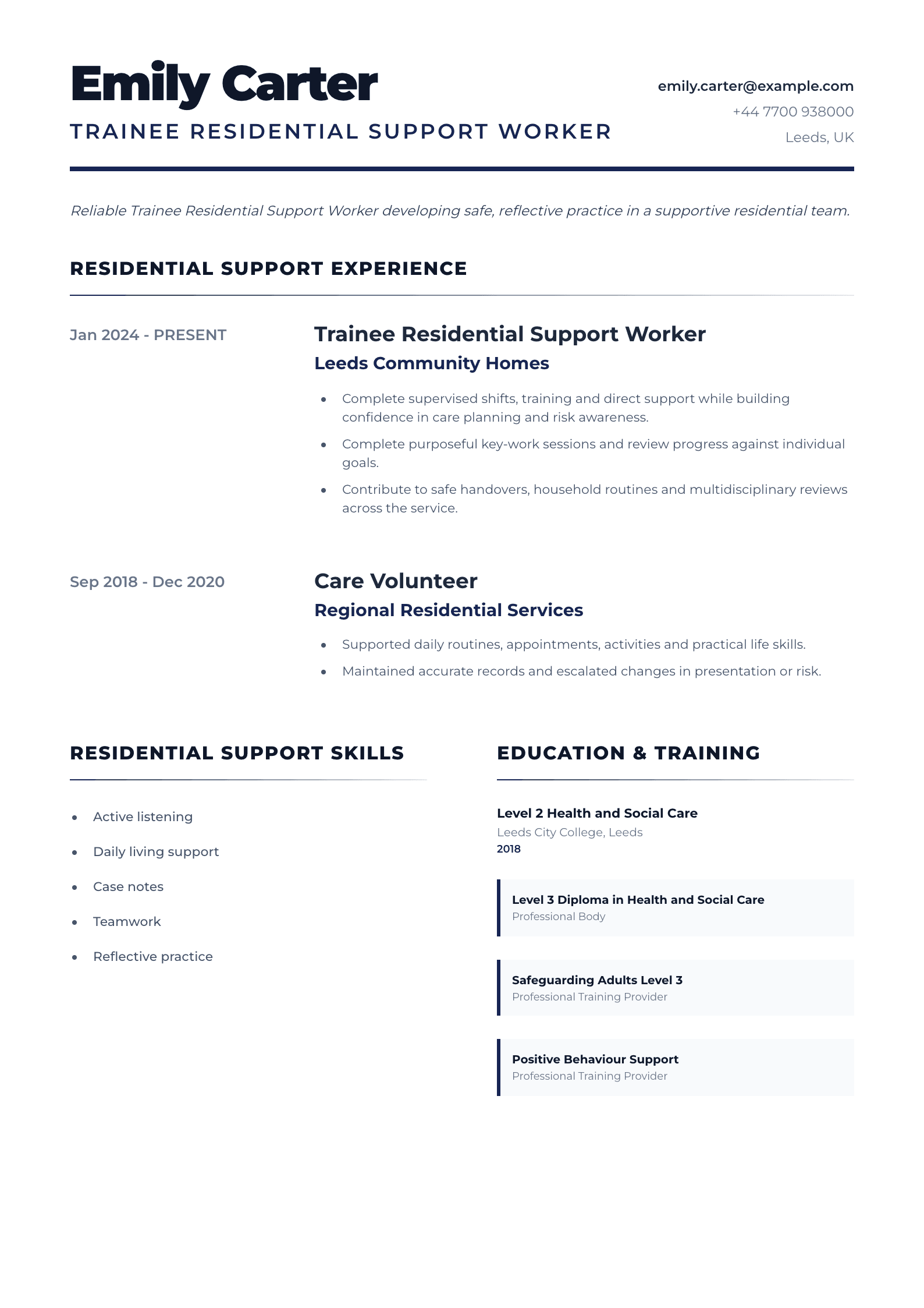 Trainee Residential Support Worker CV template