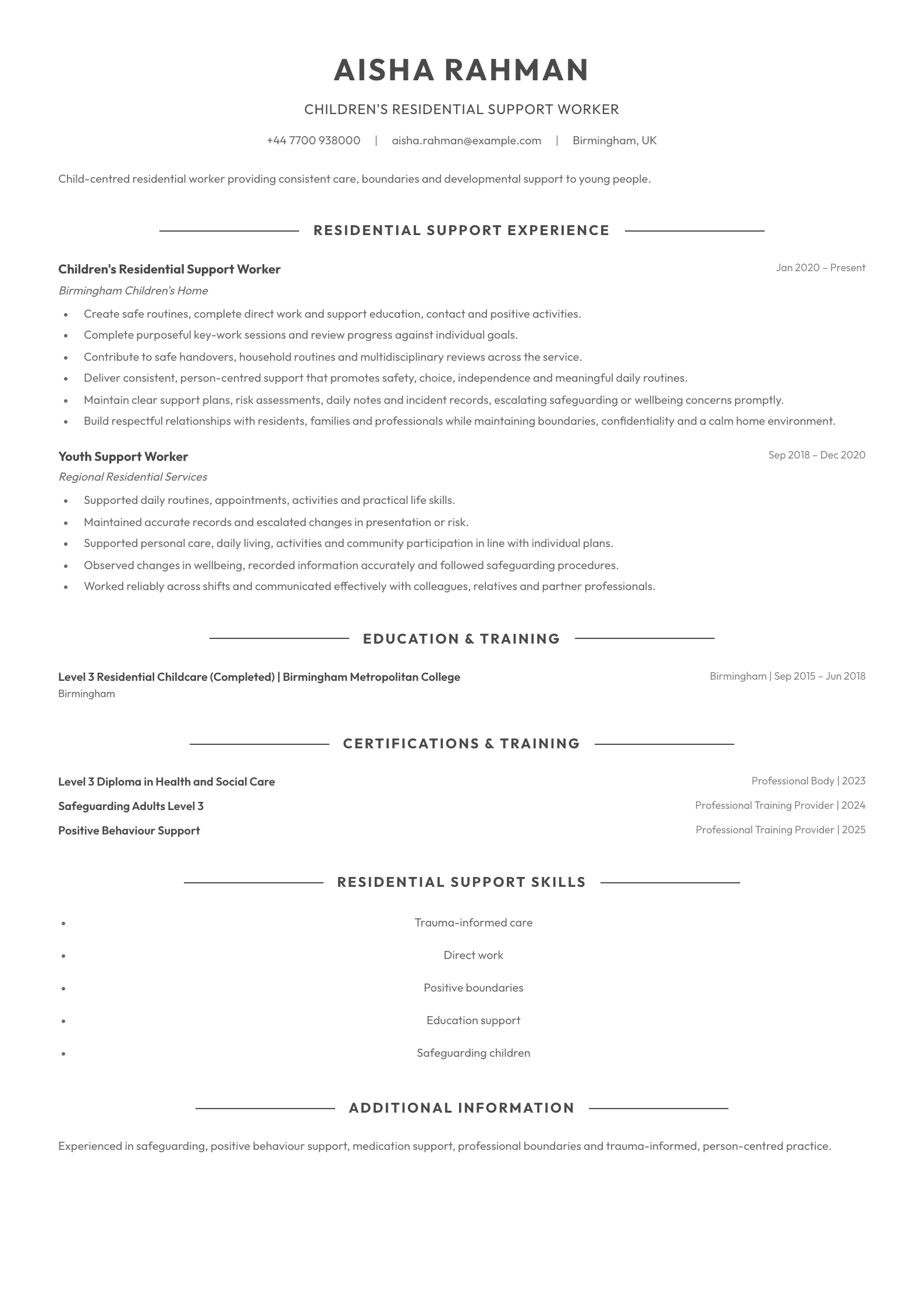 Children's Residential Support Worker CV template