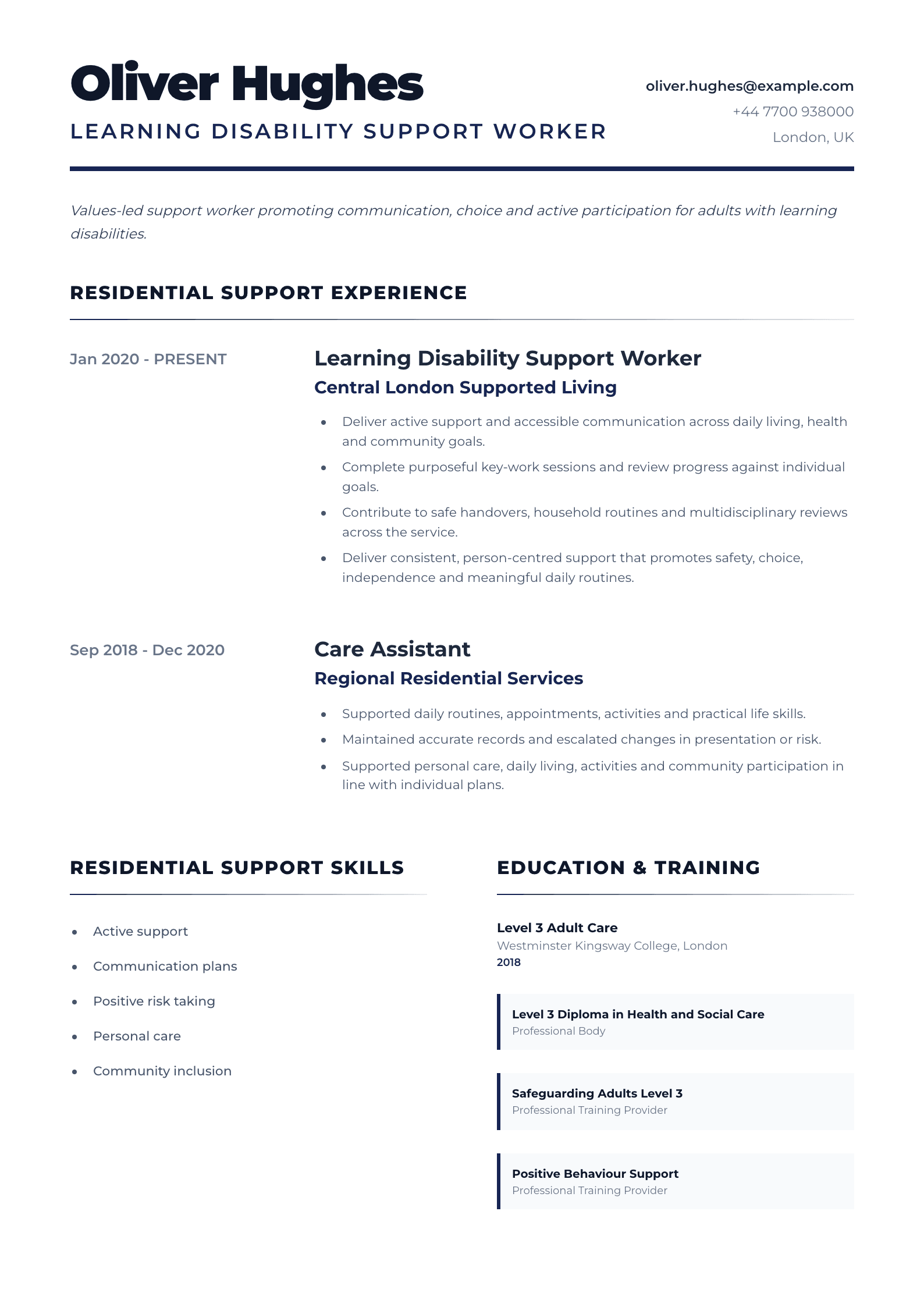 Learning Disability Support Worker CV template