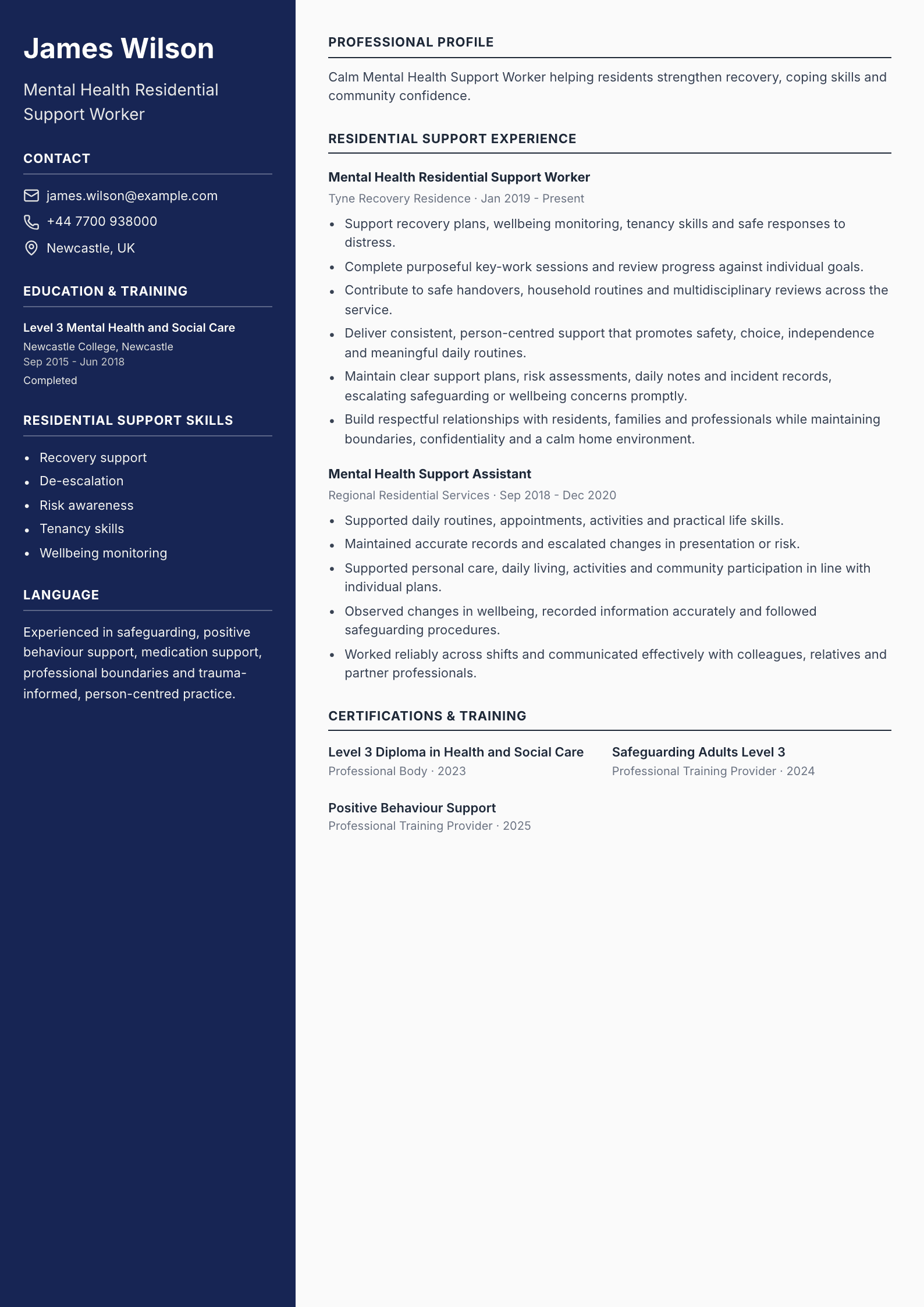 Mental Health Residential Support Worker CV template