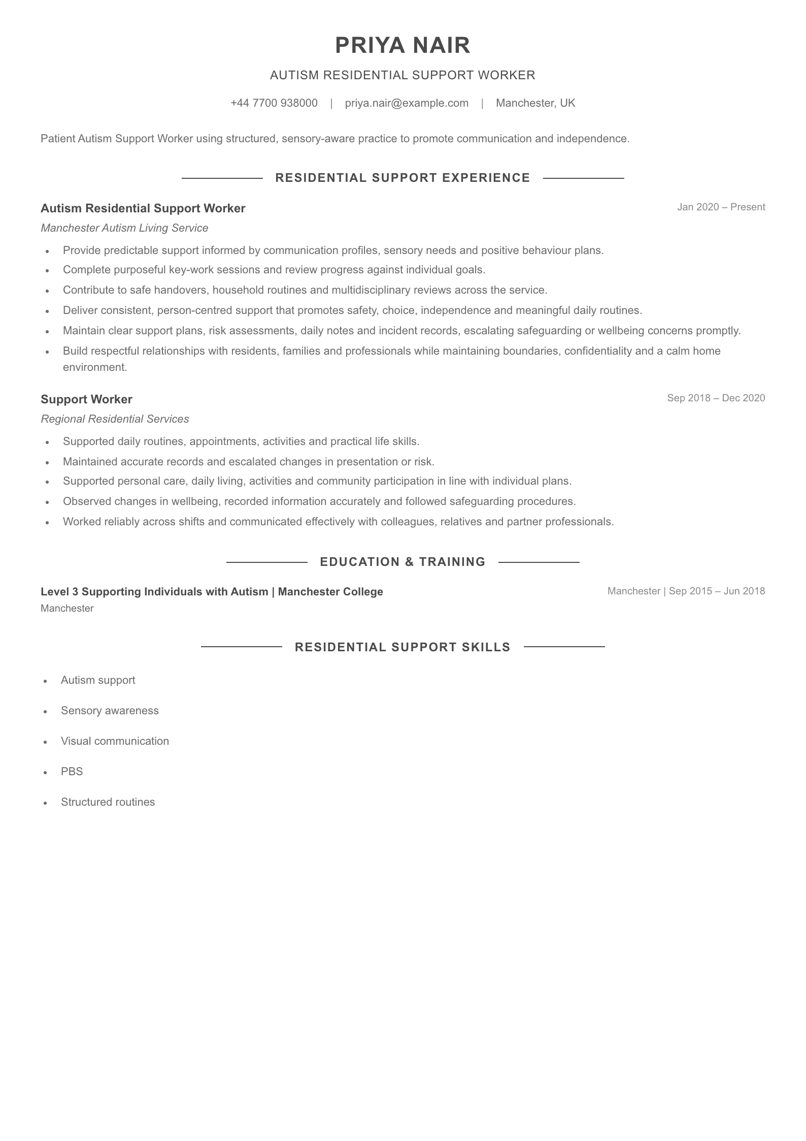 Autism Residential Support Worker CV template