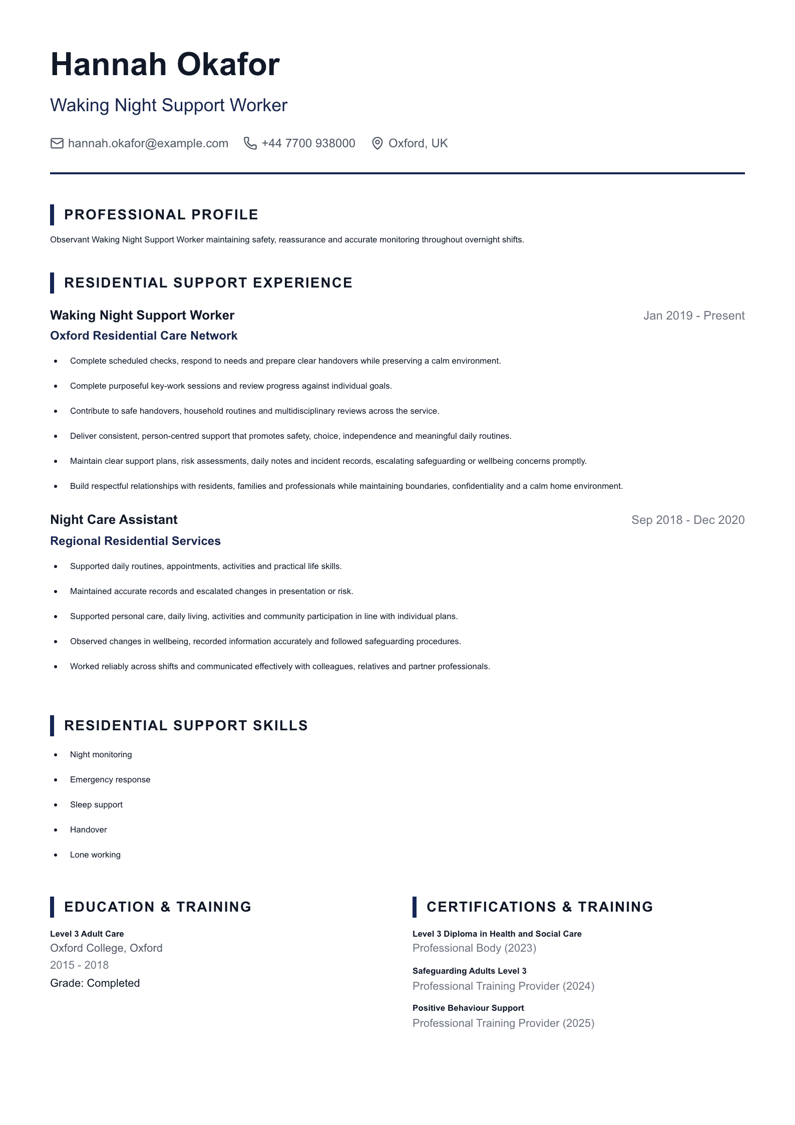 Waking Night Support Worker CV template