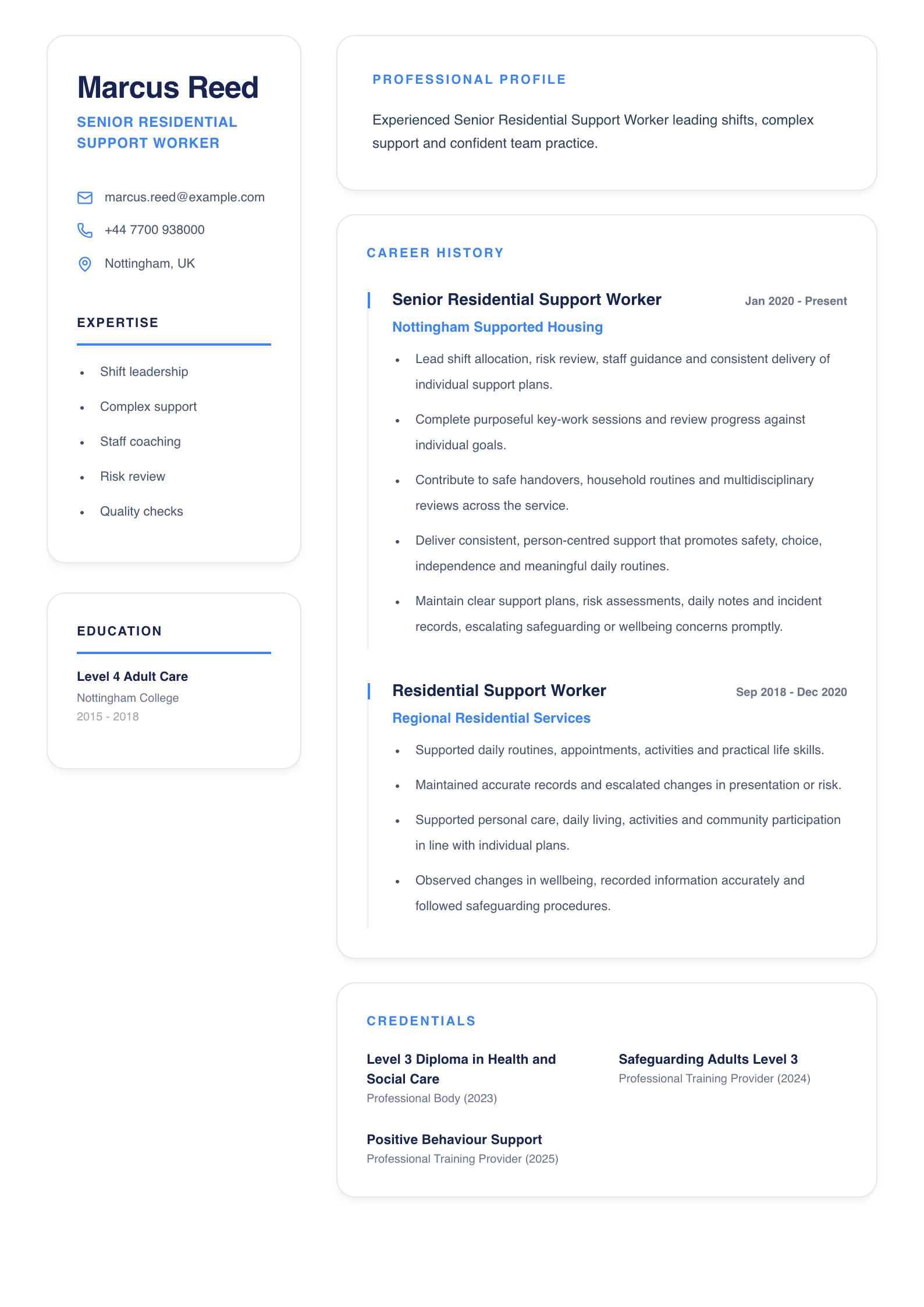 Senior Residential Support Worker CV template