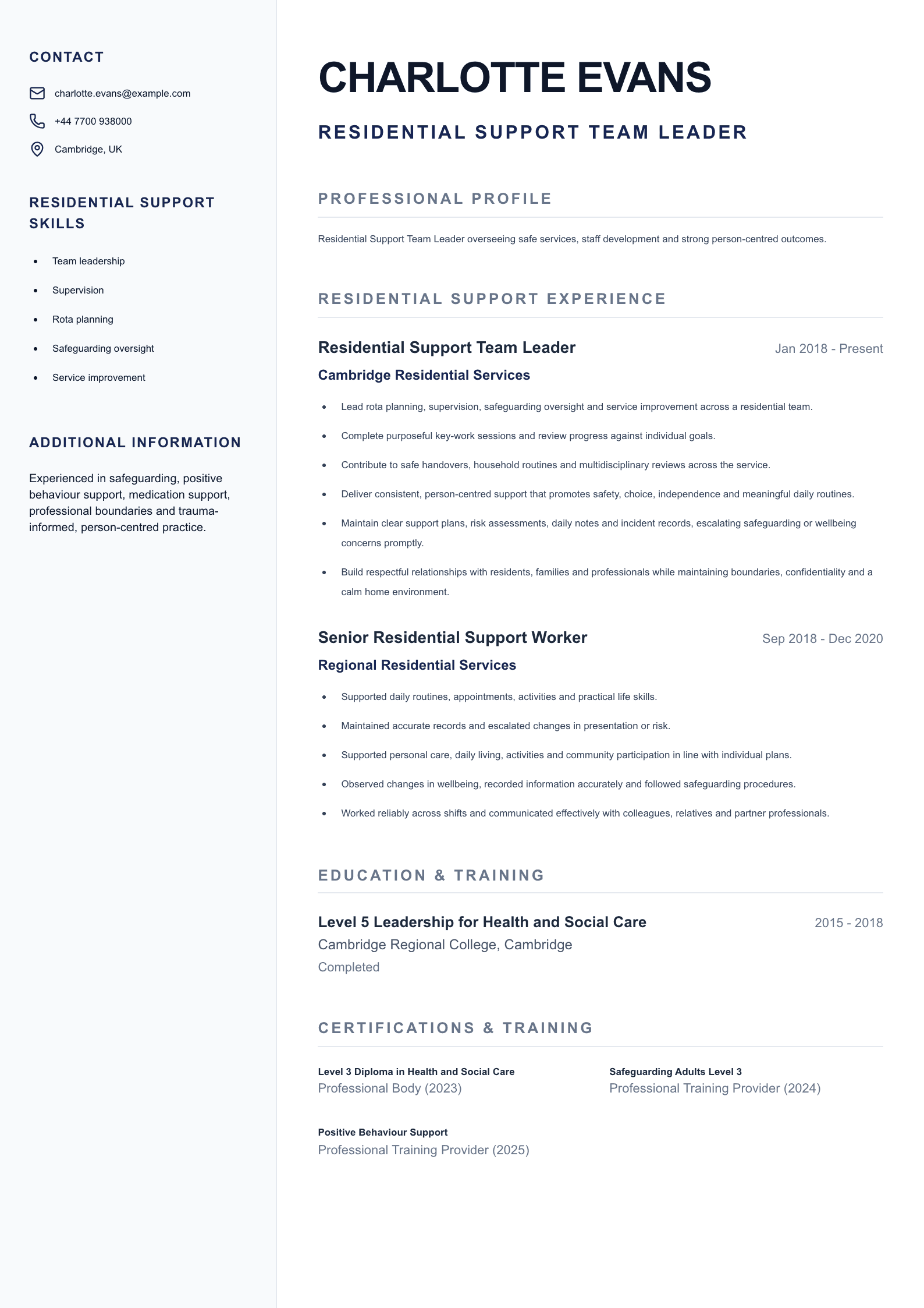 Residential Support Team Leader CV template