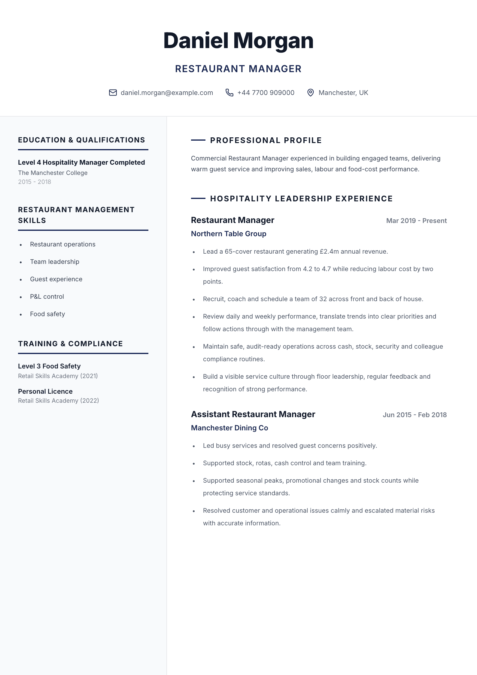 Restaurant manager CV