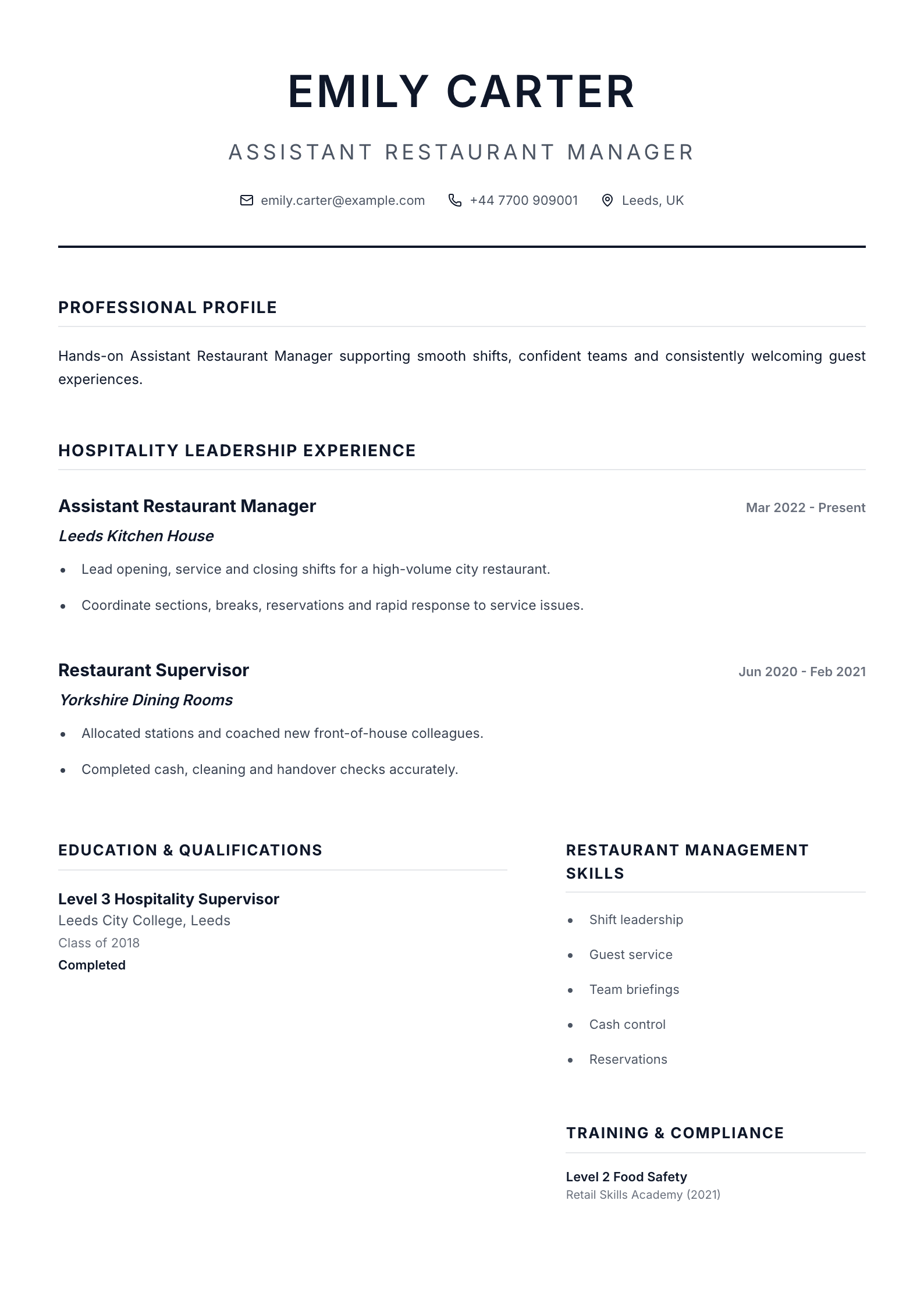 Assistant Restaurant Manager CV template