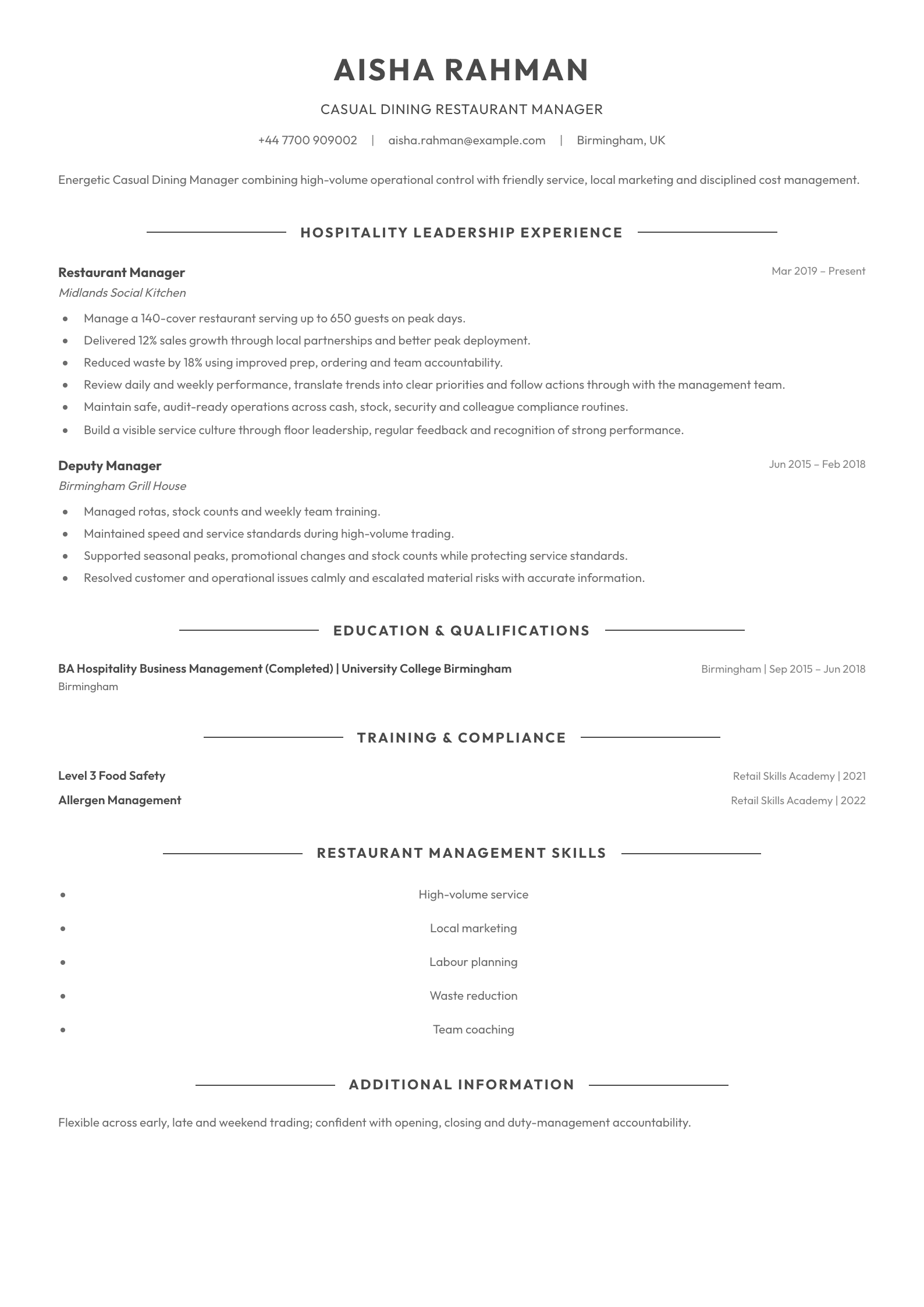 Casual Dining Manager CV template