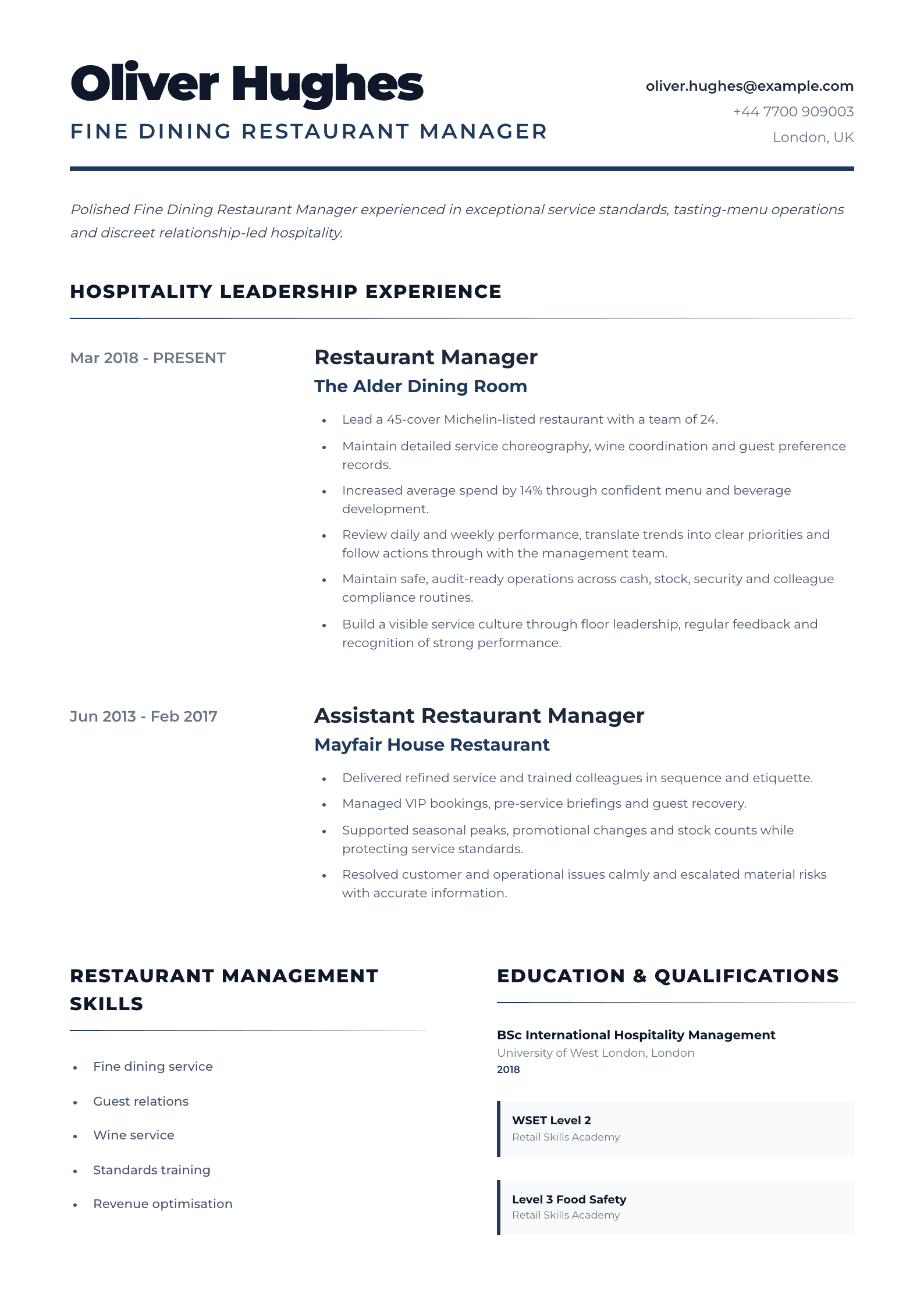 Fine Dining Restaurant Manager CV template