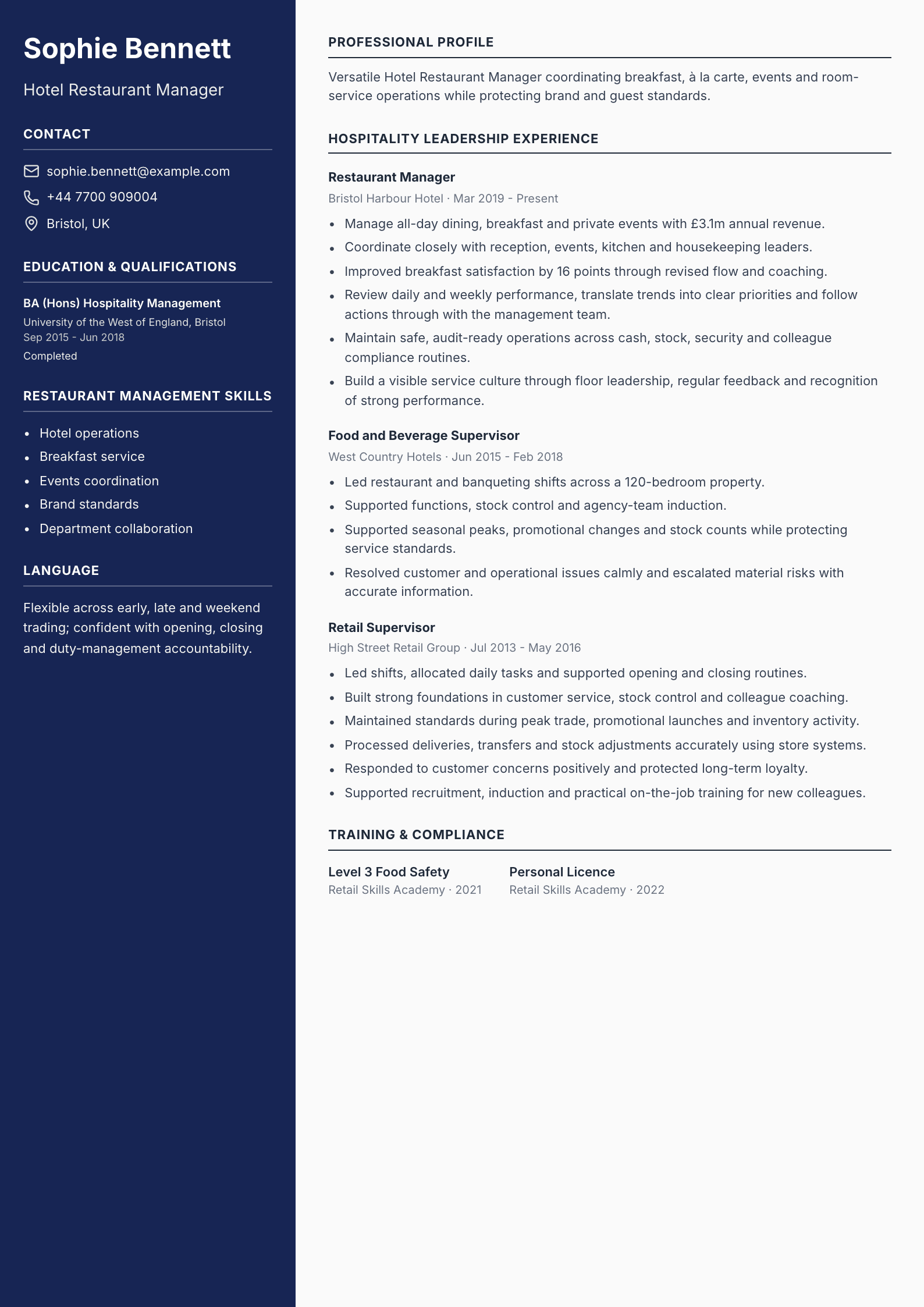 Hotel Restaurant Manager CV template