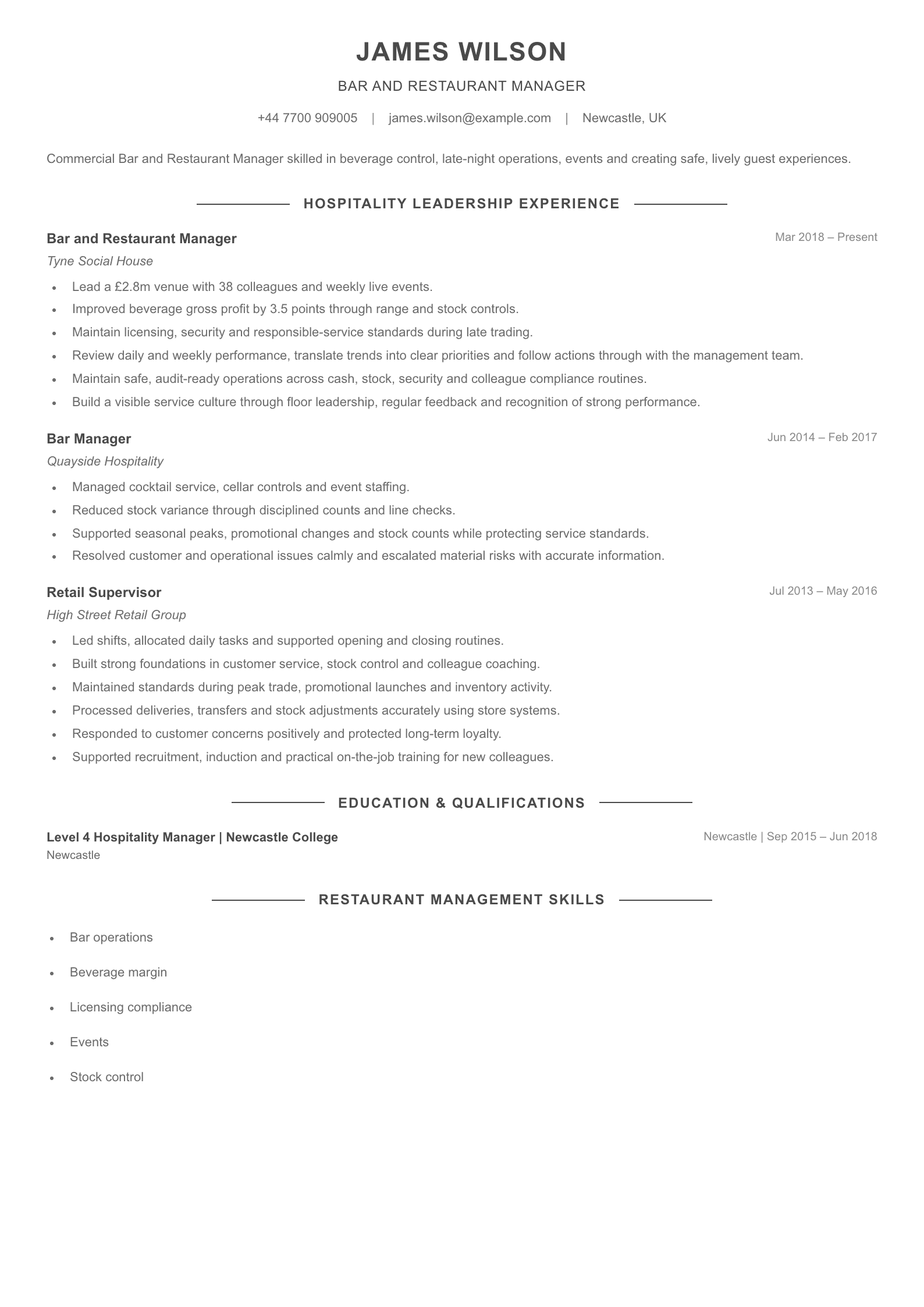 Bar and Restaurant Manager CV template