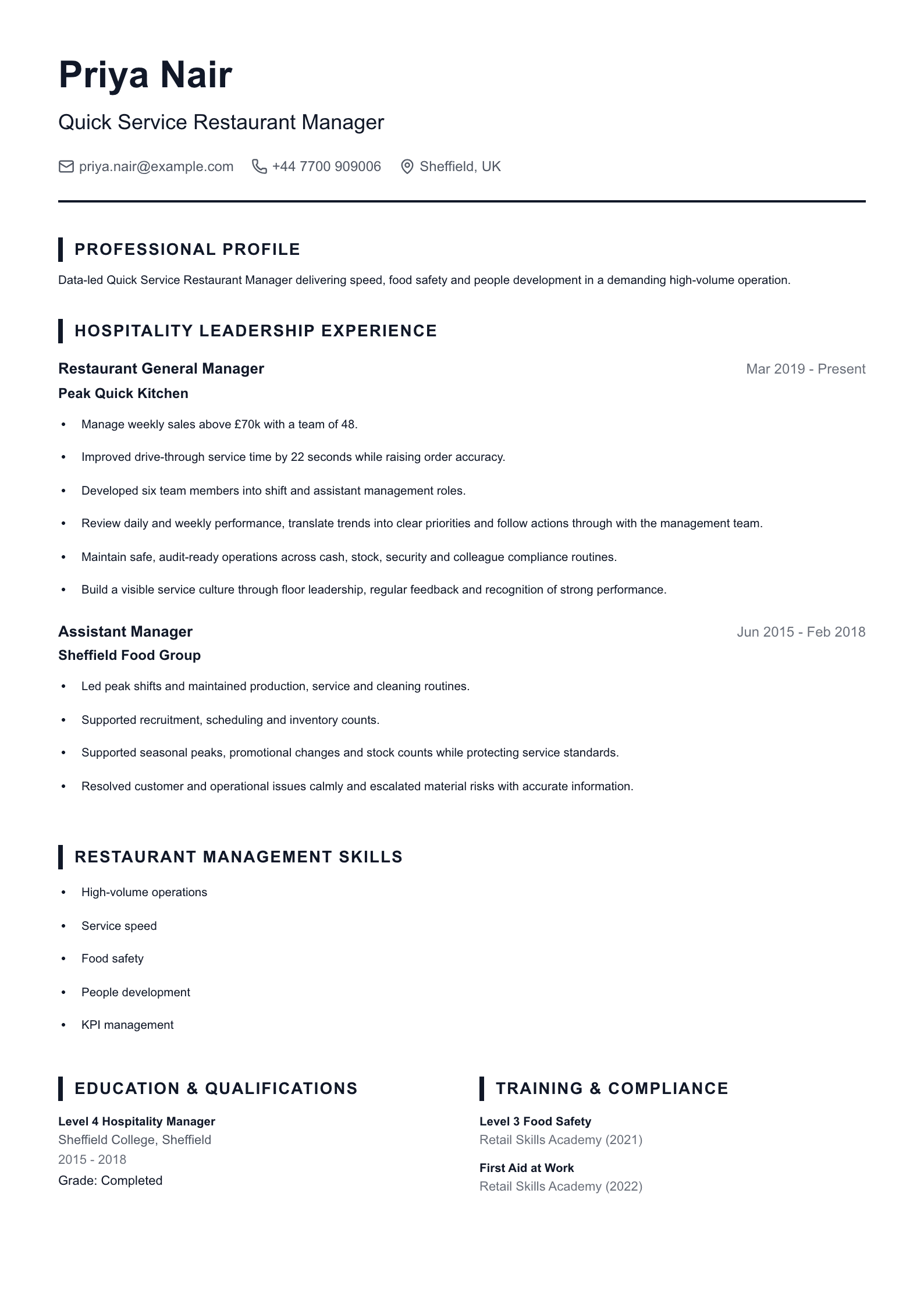 Quick Service Restaurant Manager CV template