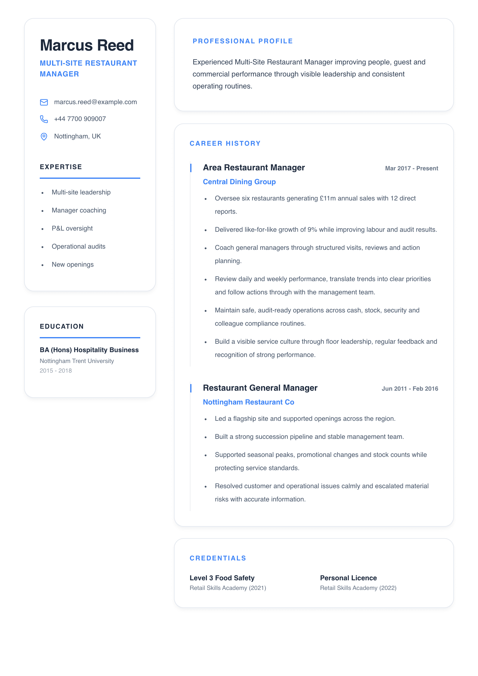 Multi-Site Restaurant Manager CV template