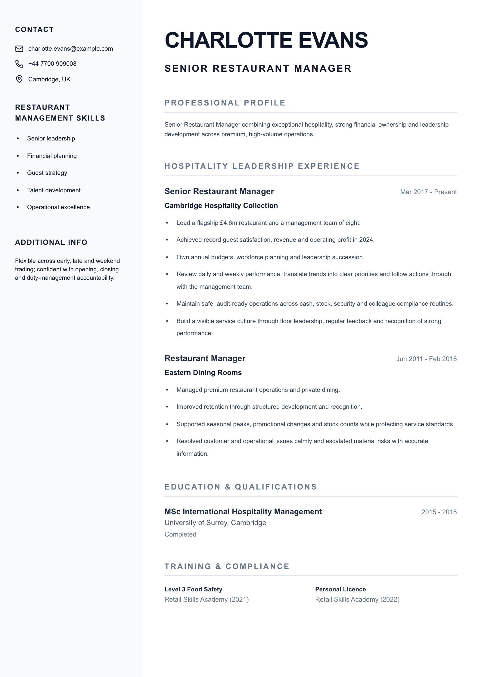 Senior Restaurant Manager CV template
