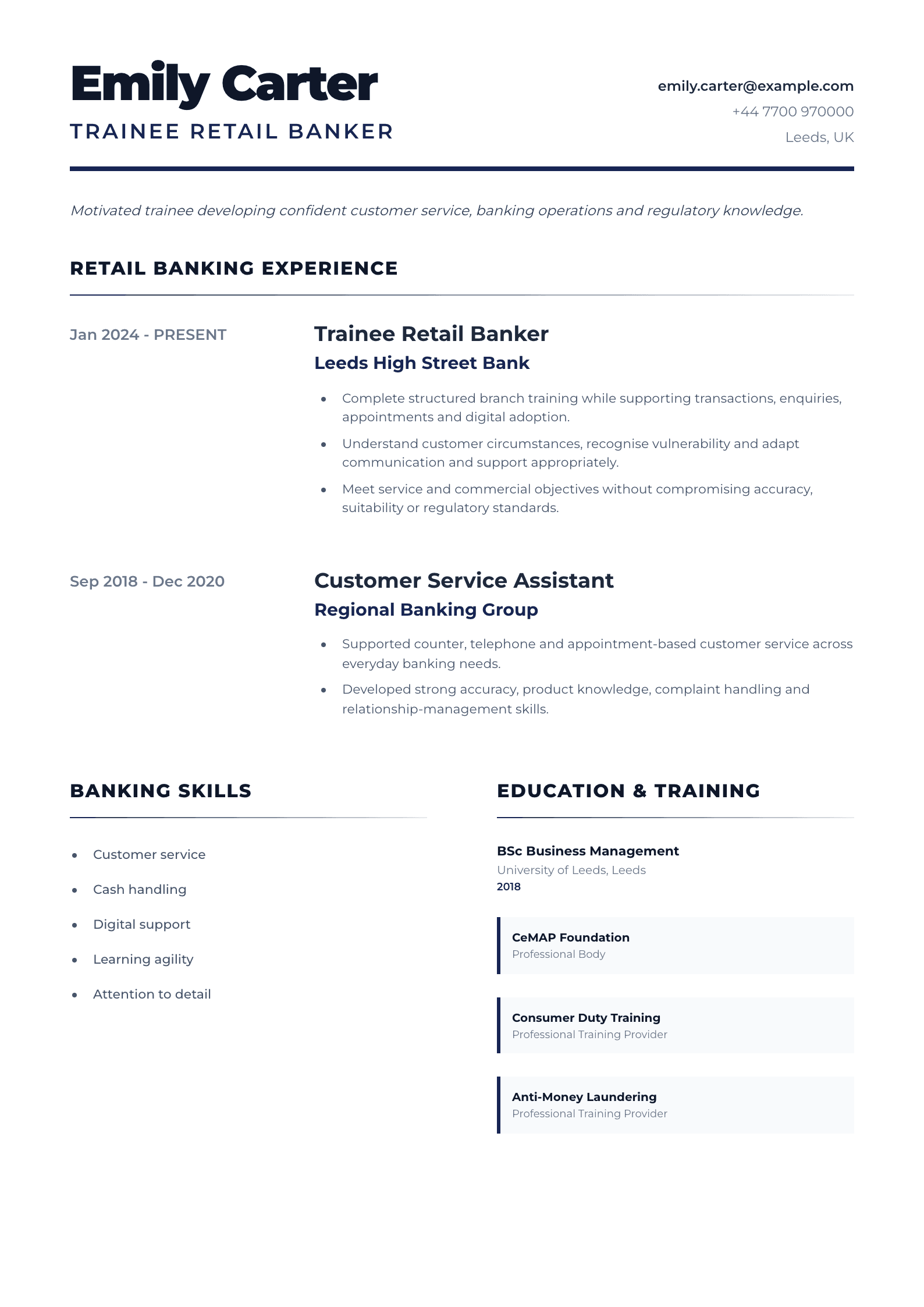 Trainee Retail Banker CV template