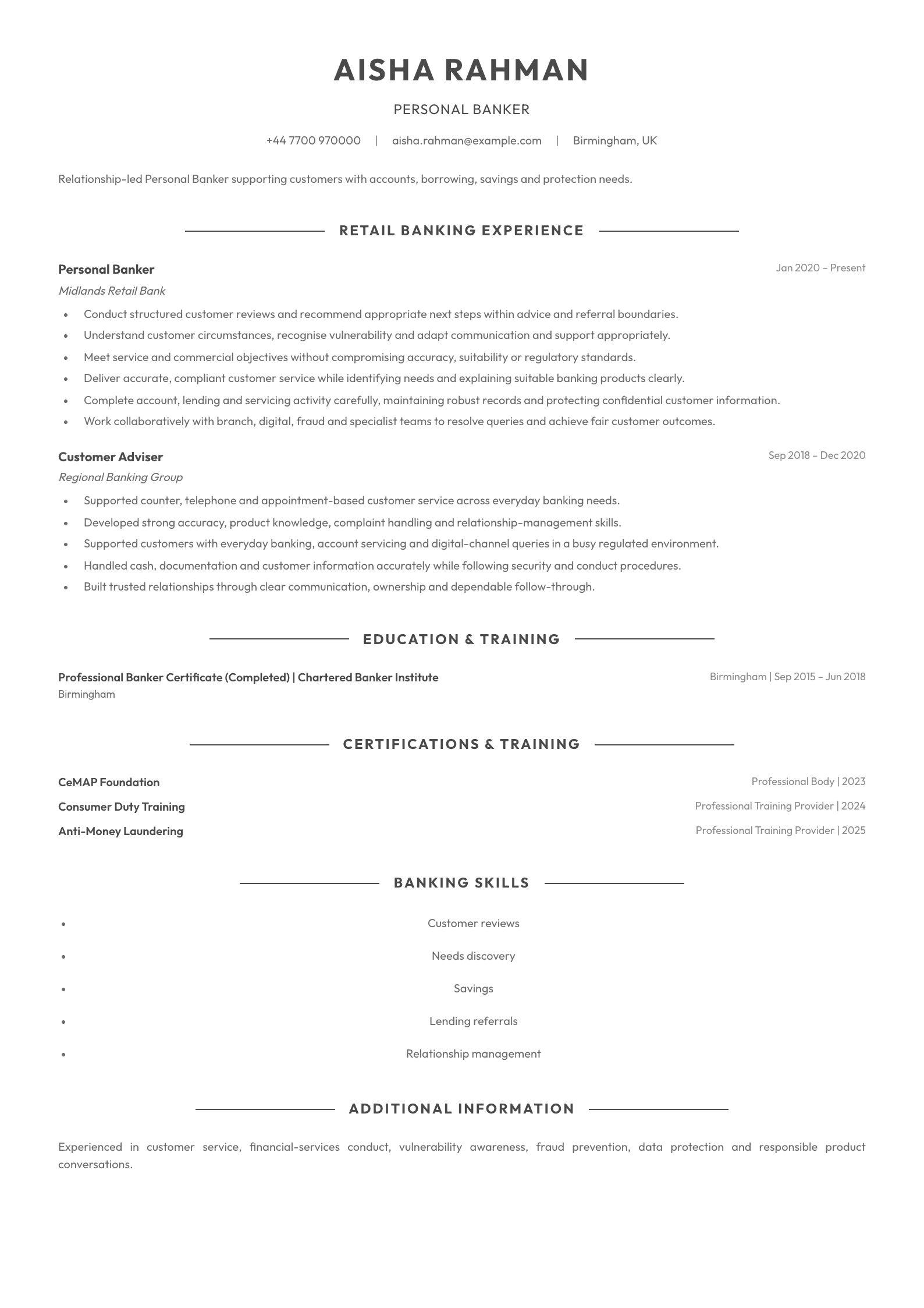 Personal Banker CV template