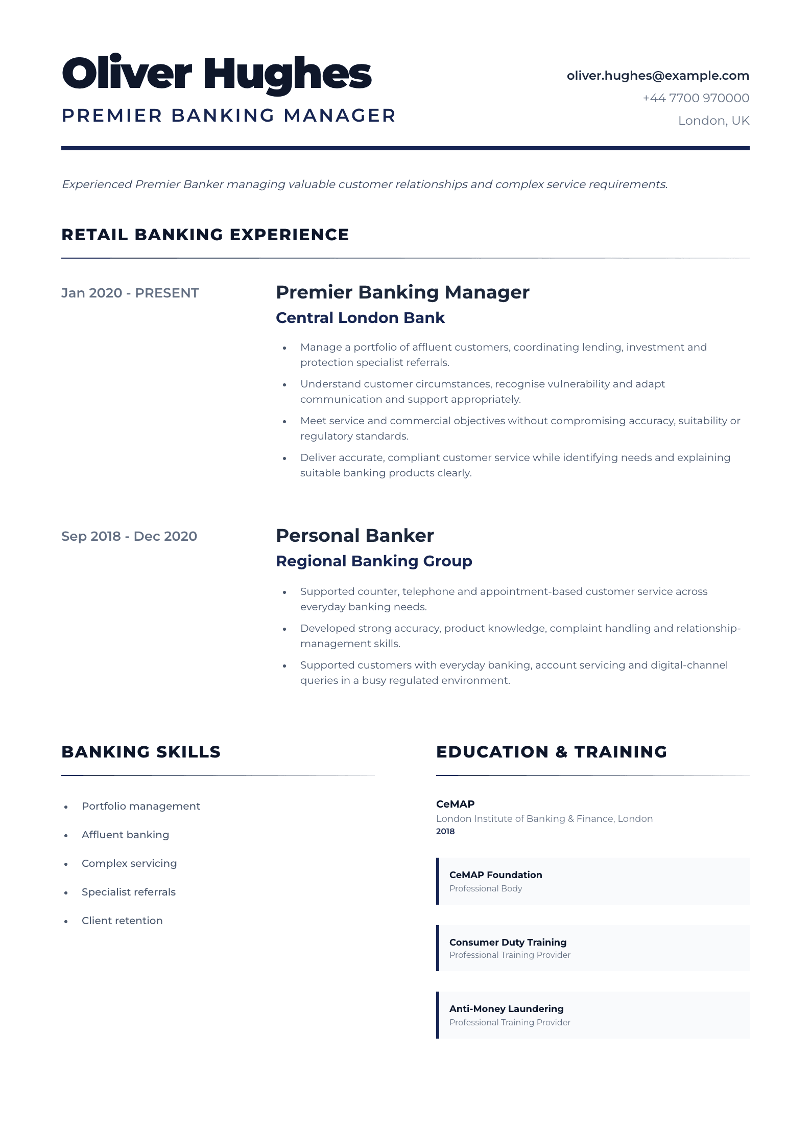 Premier Banking Manager CV template