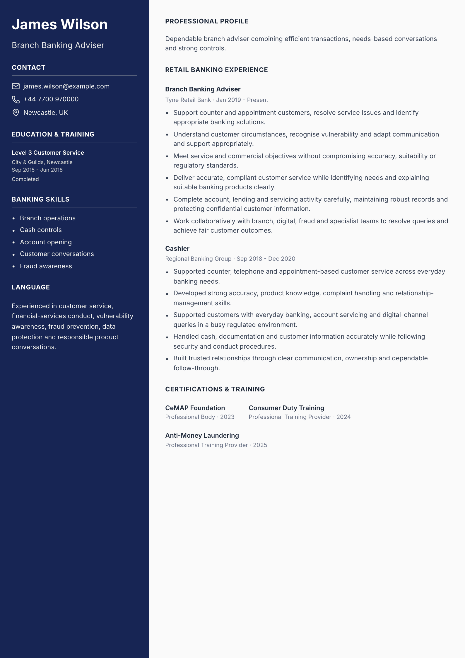 Branch Banking Adviser CV template