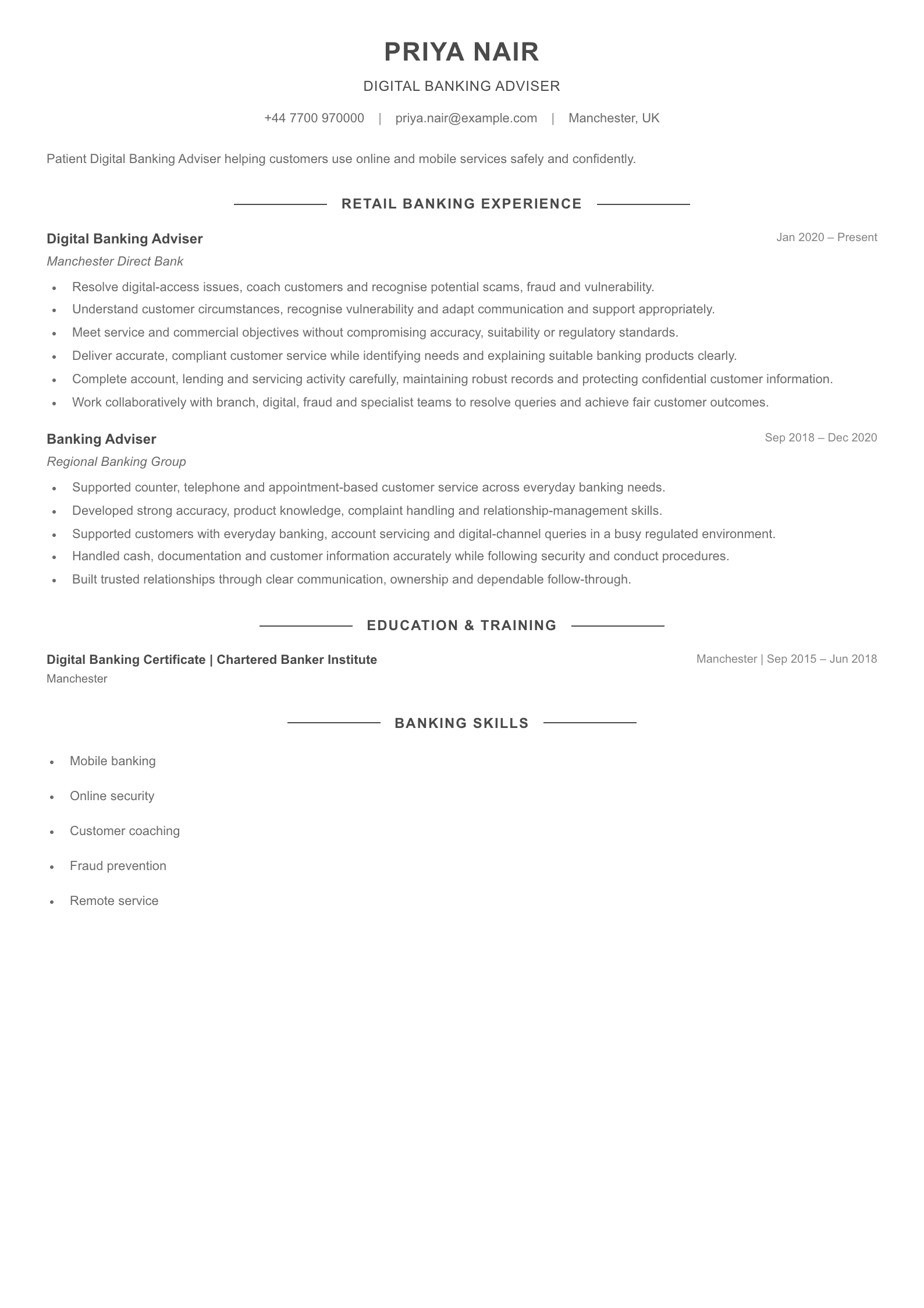 Digital Banking Adviser CV template