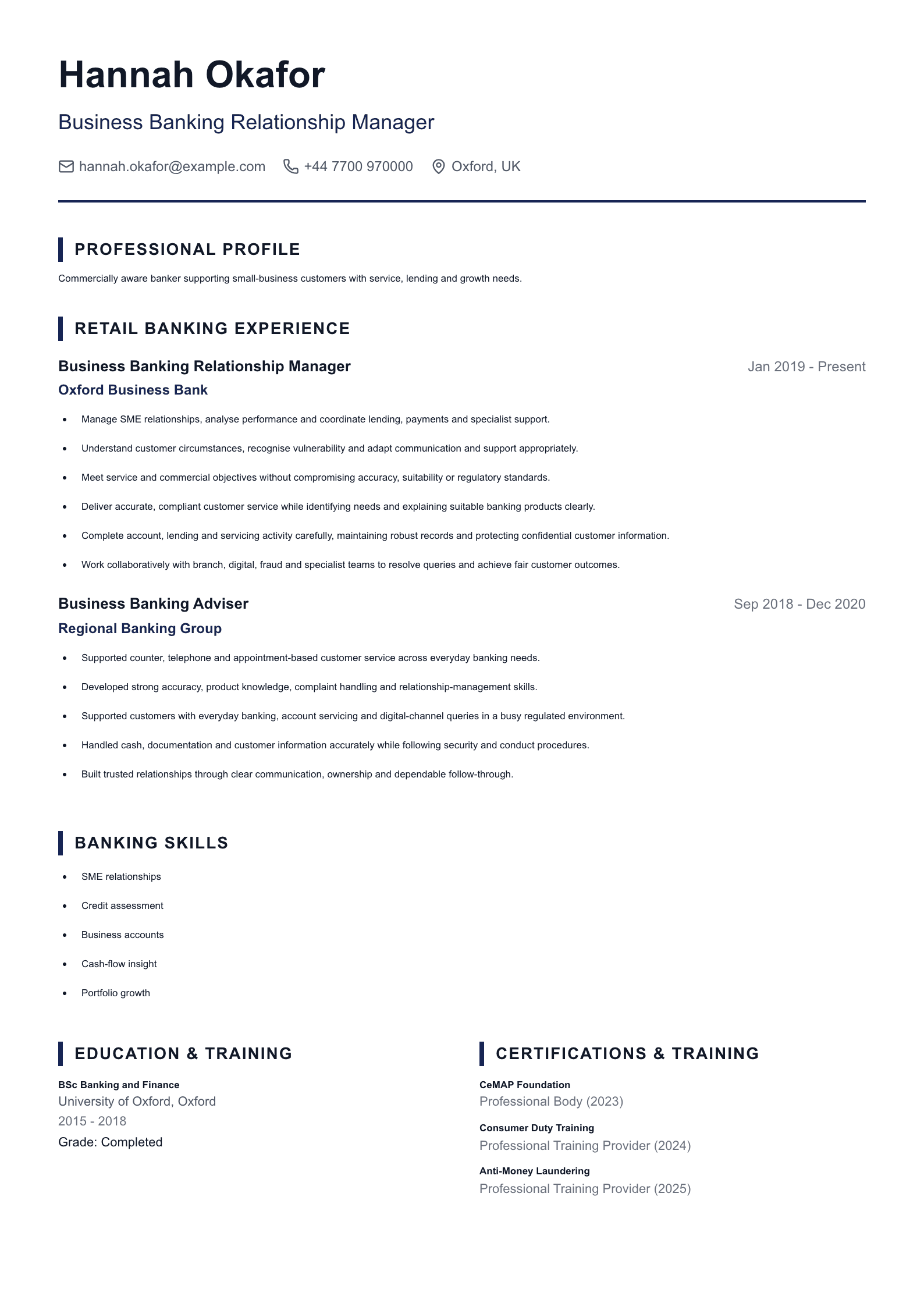 Business Banking Relationship Manager CV template