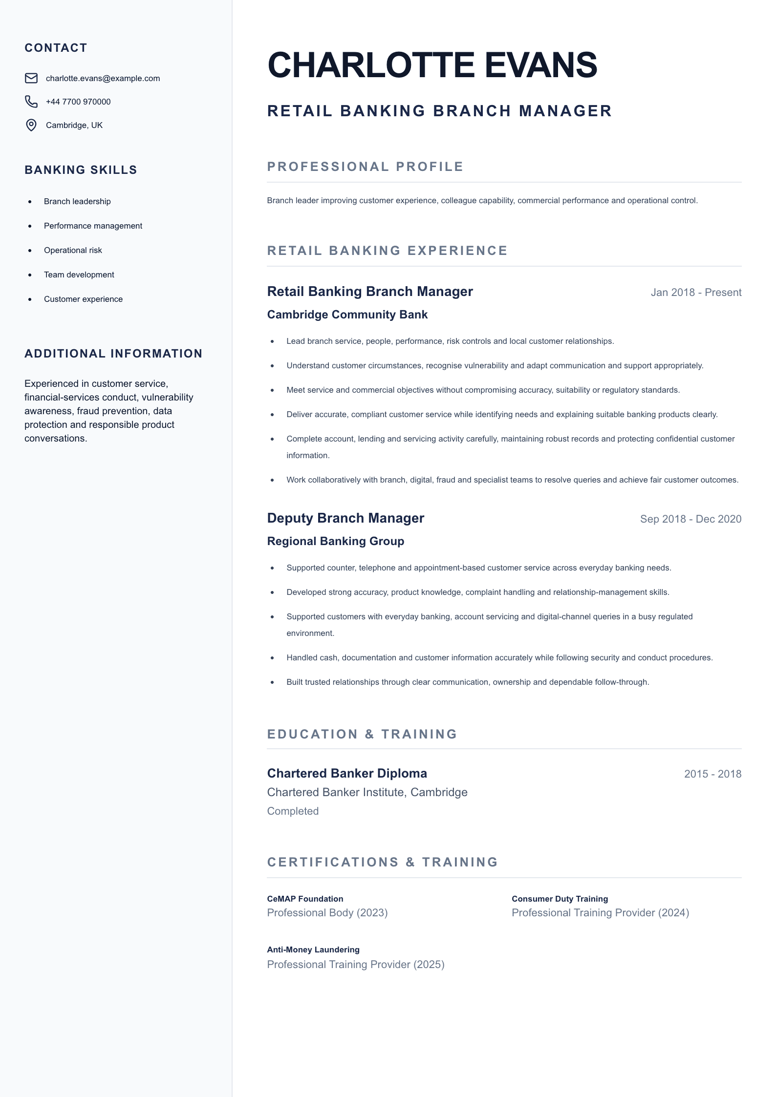 Retail Banking Branch Manager CV template