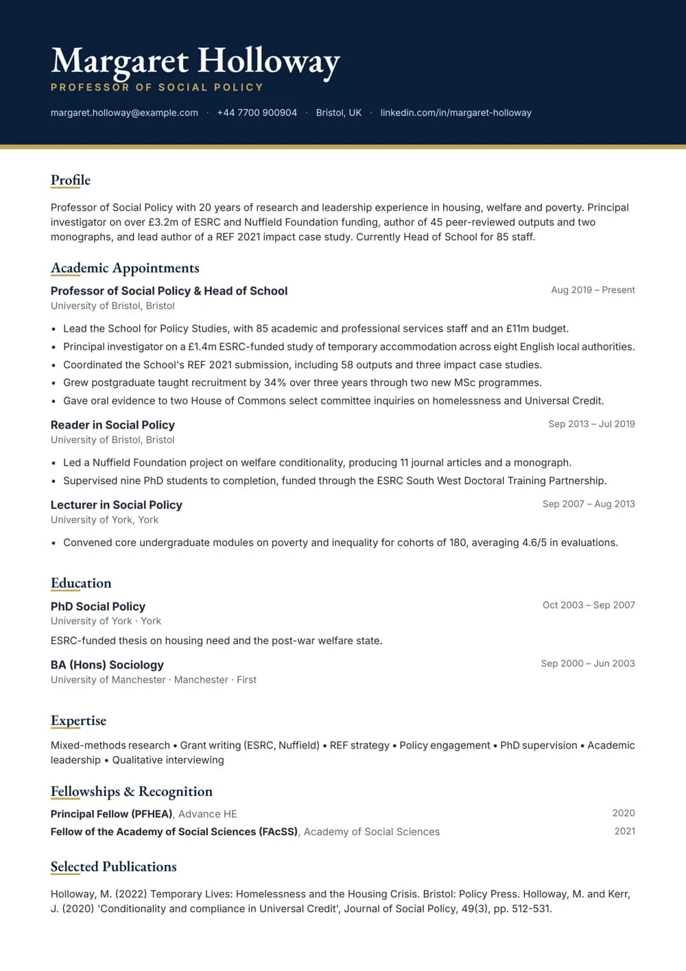 professor & head of school cv template