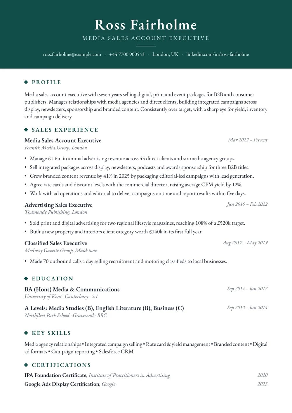 Media Sales Account Executive CV template