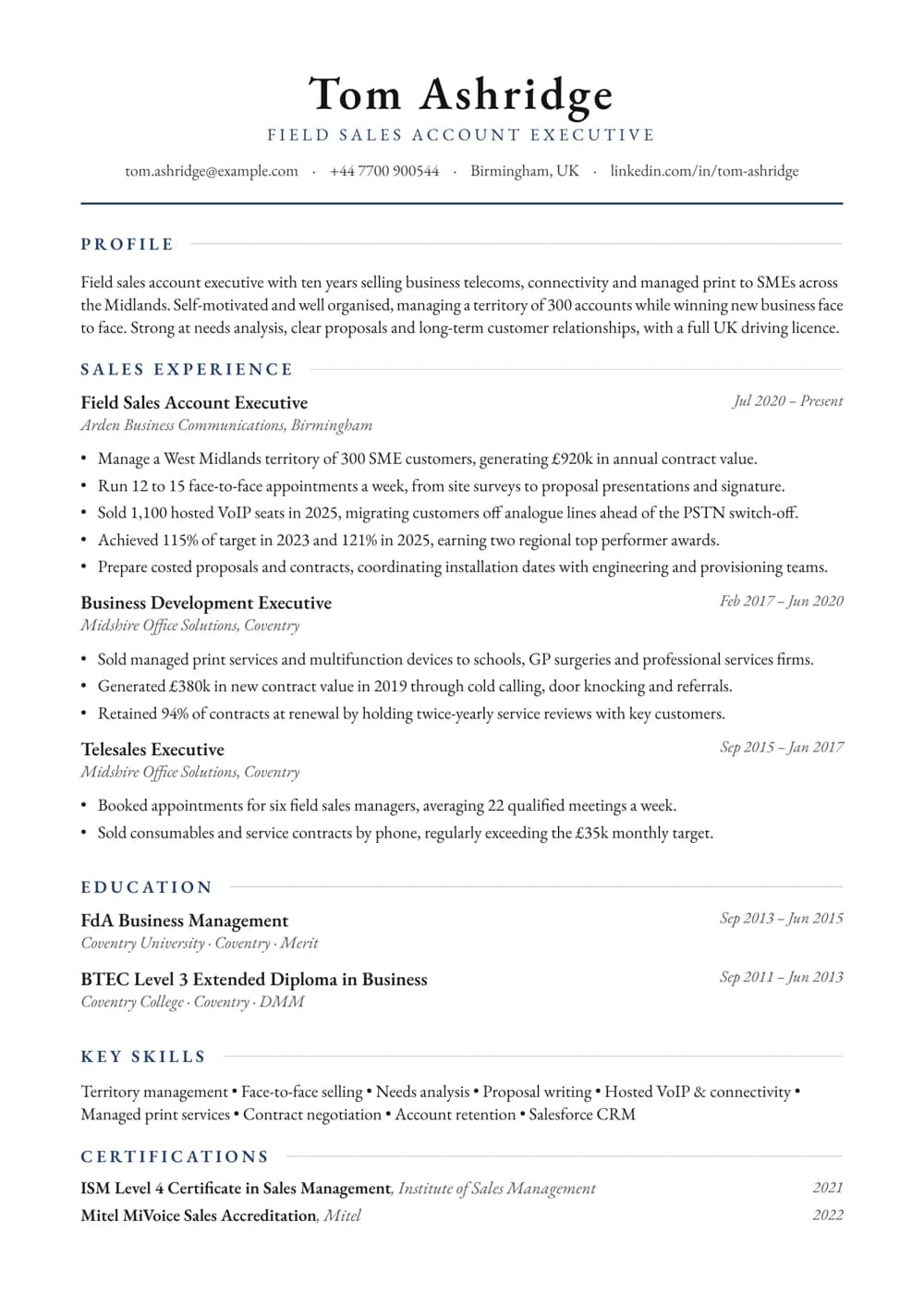 Field Sales Account Executive CV template