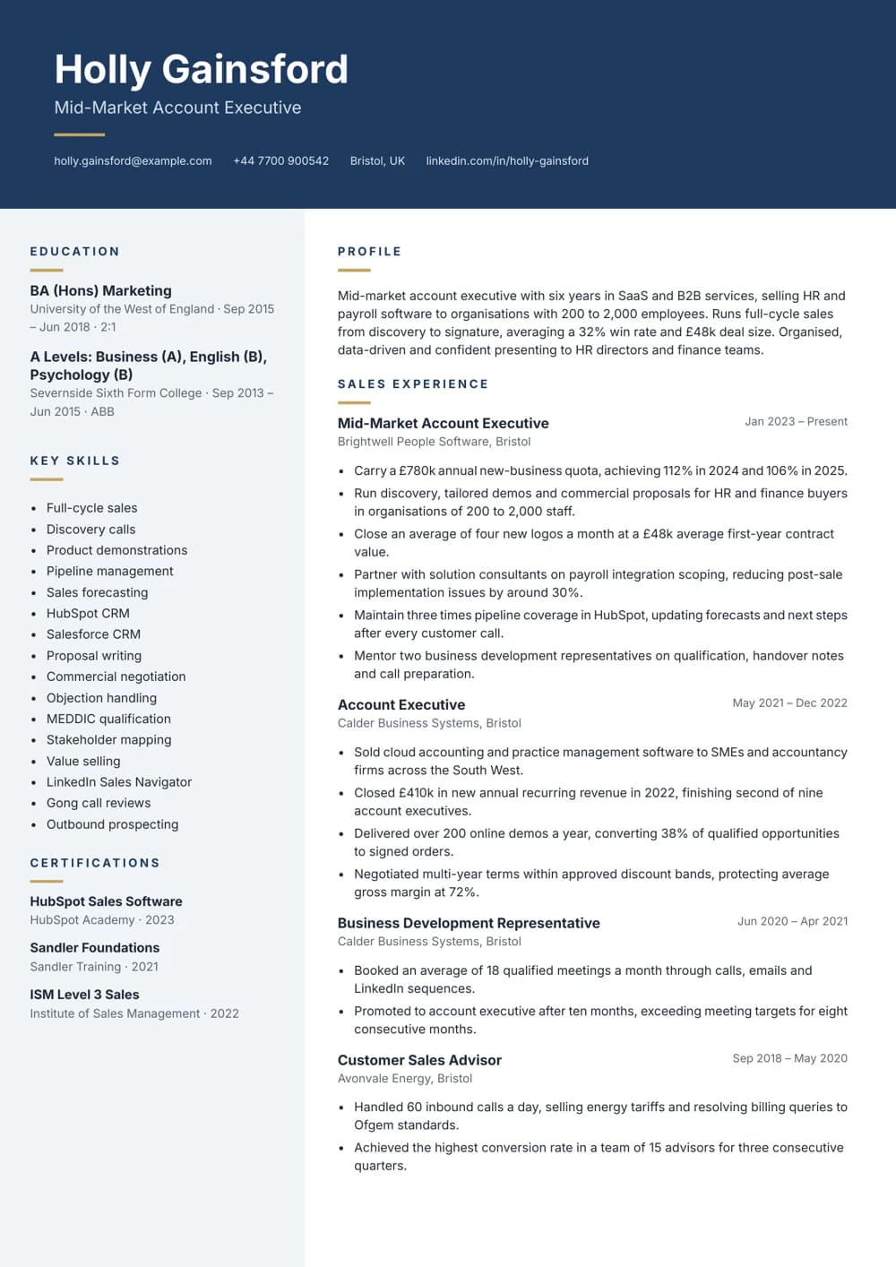 Mid-Market Account Executive CV template