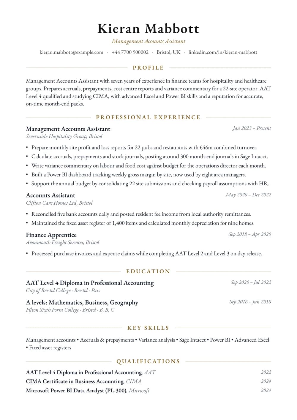 Management Accounts Assistant CV template