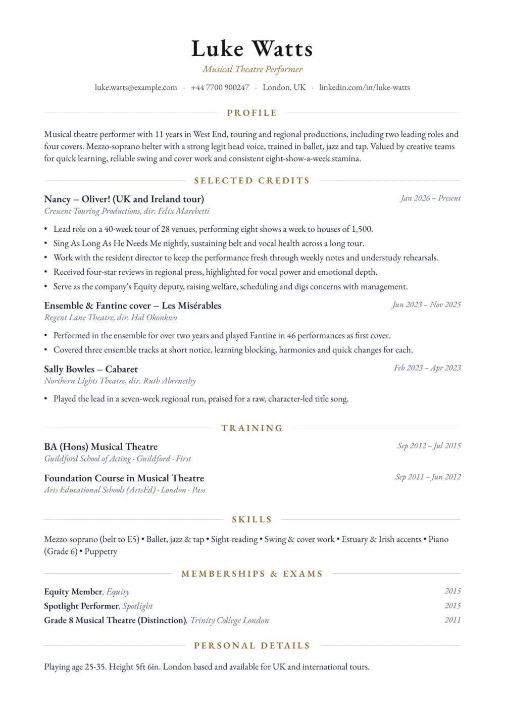 Musical Theatre Performer CV template