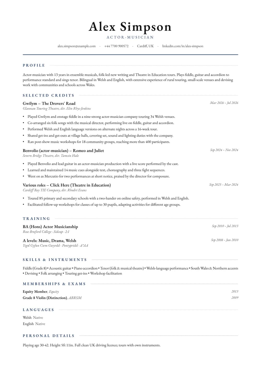 Actor-Musician CV template