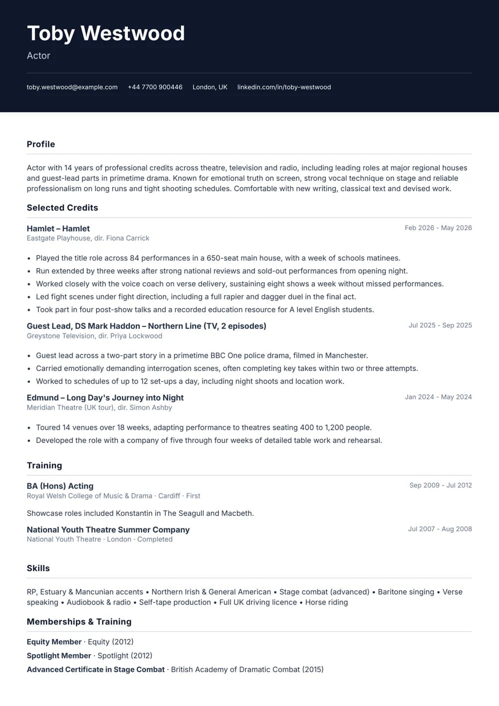 lead actor cv template