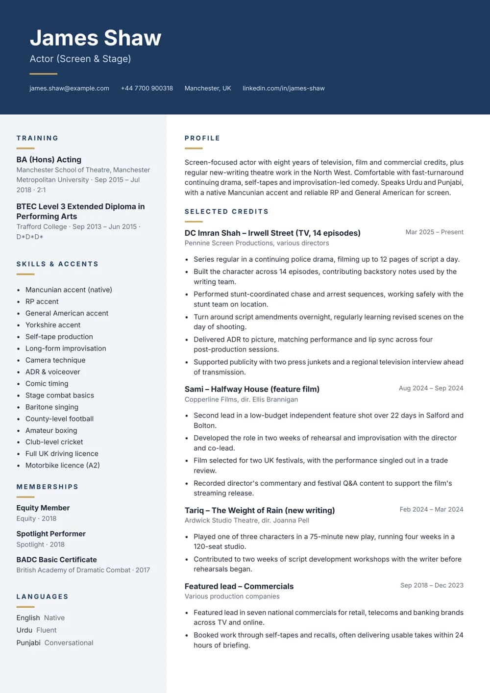 Screen Actor CV template