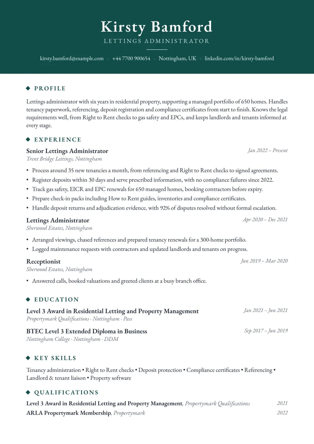 lettings administrator cv template