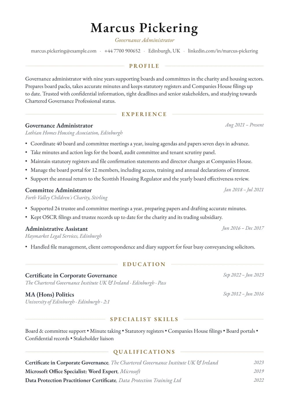 Governance Administrator CV template
