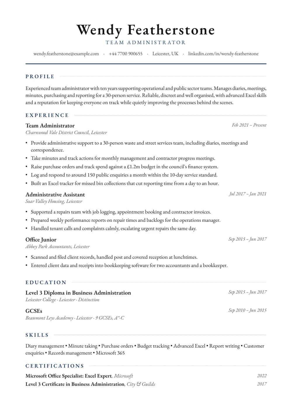 Team Administrator CV template