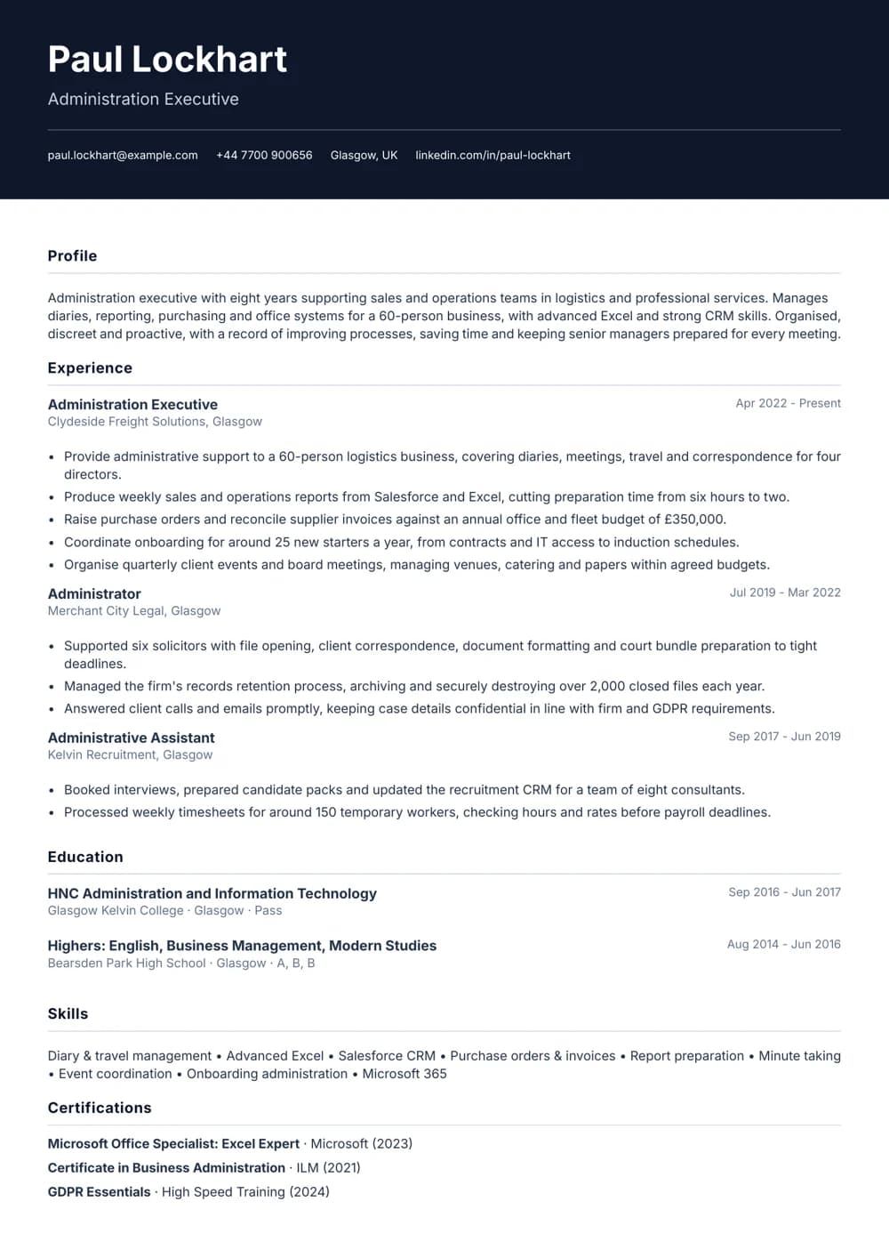 admin executive cv template