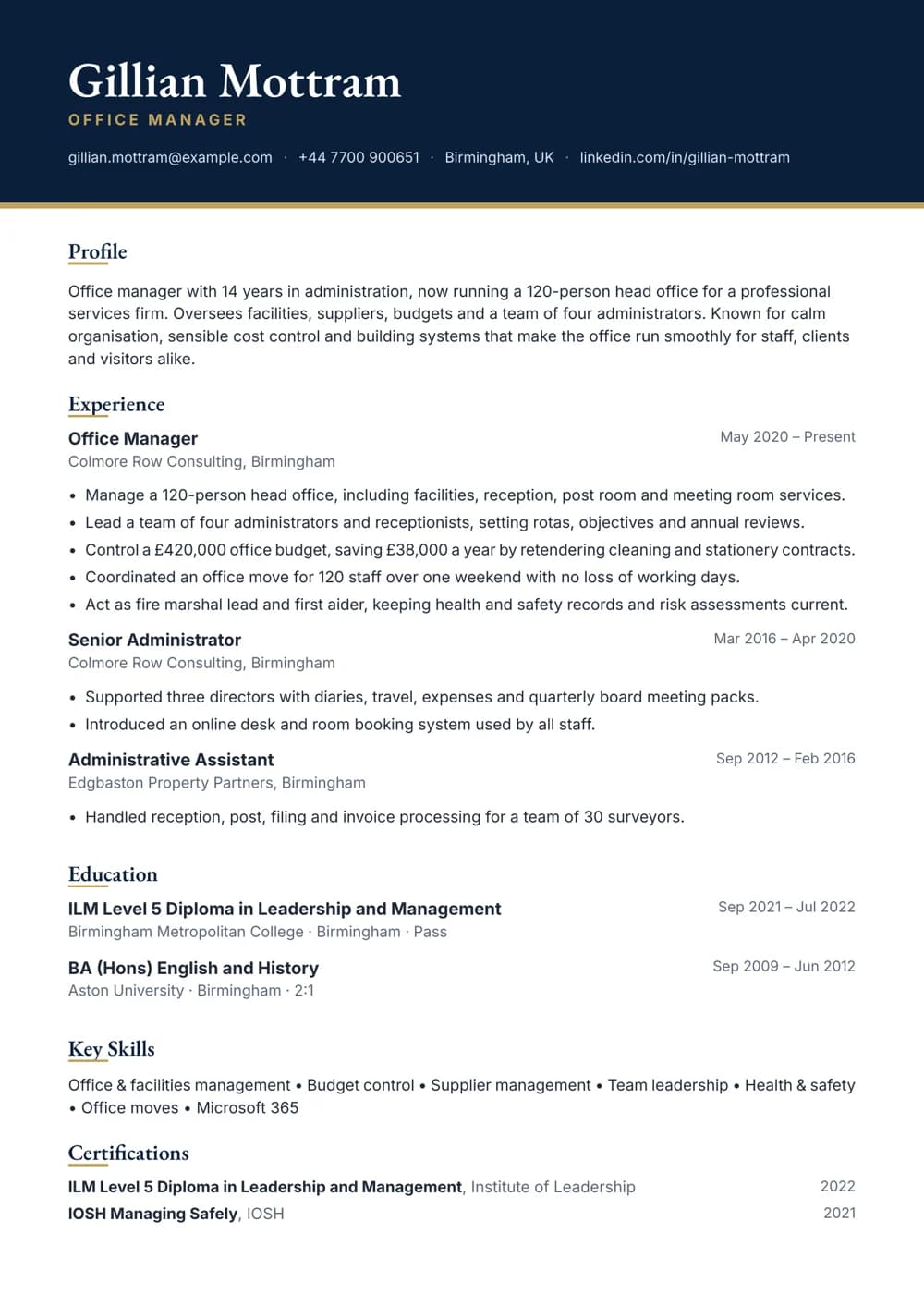 office manager cv template