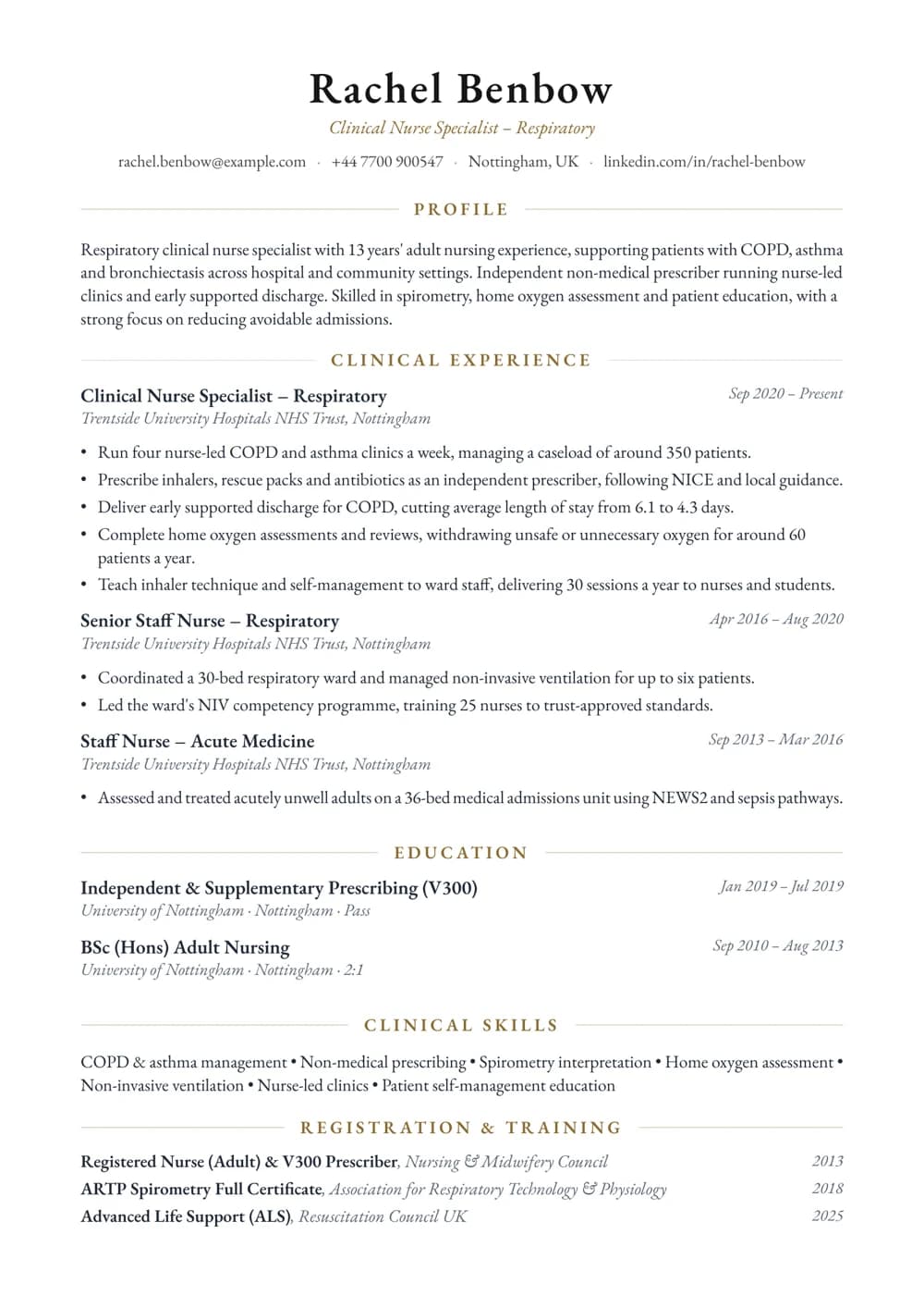 Respiratory Nurse Specialist CV template