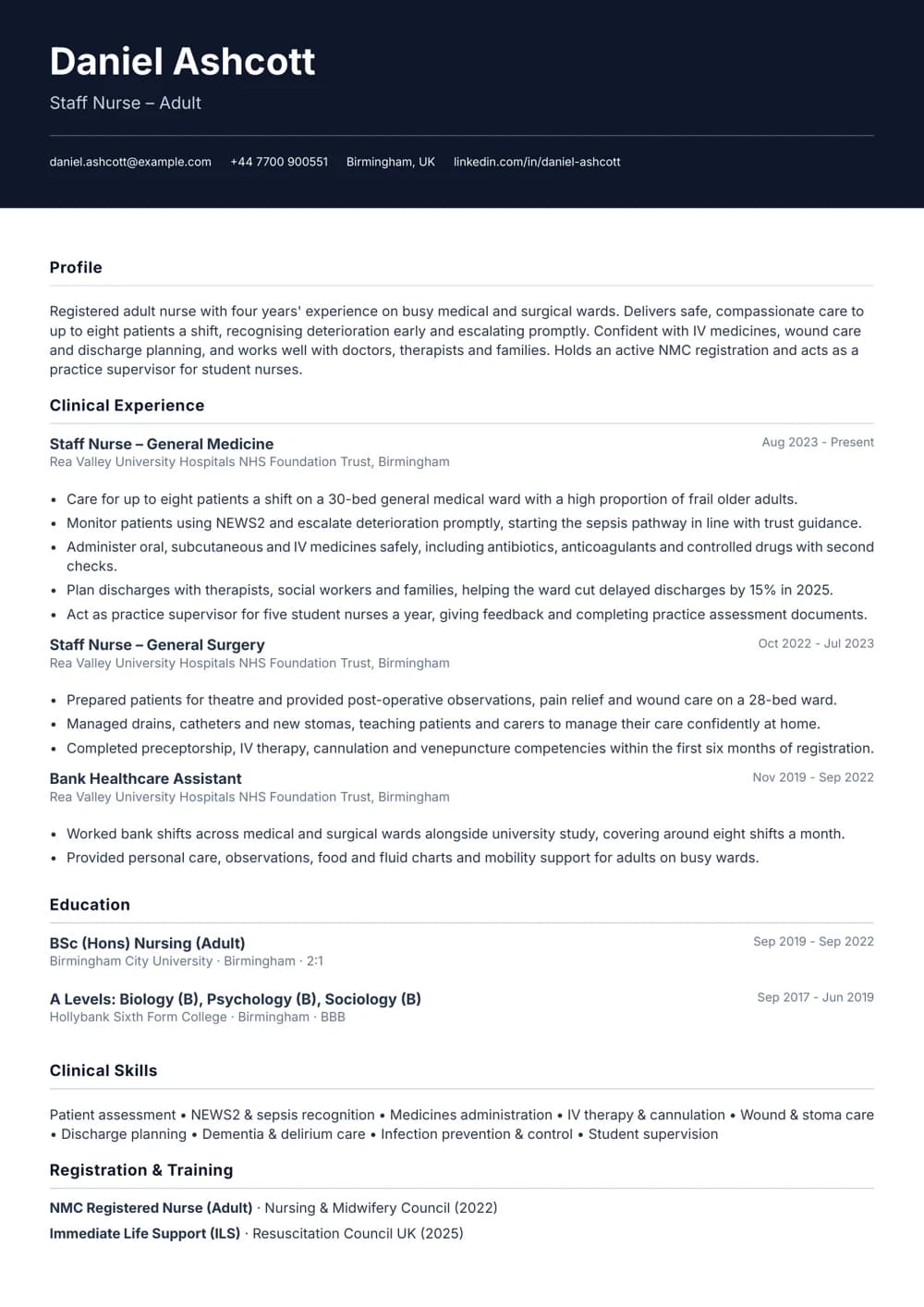 Band 5 Staff Nurse CV template