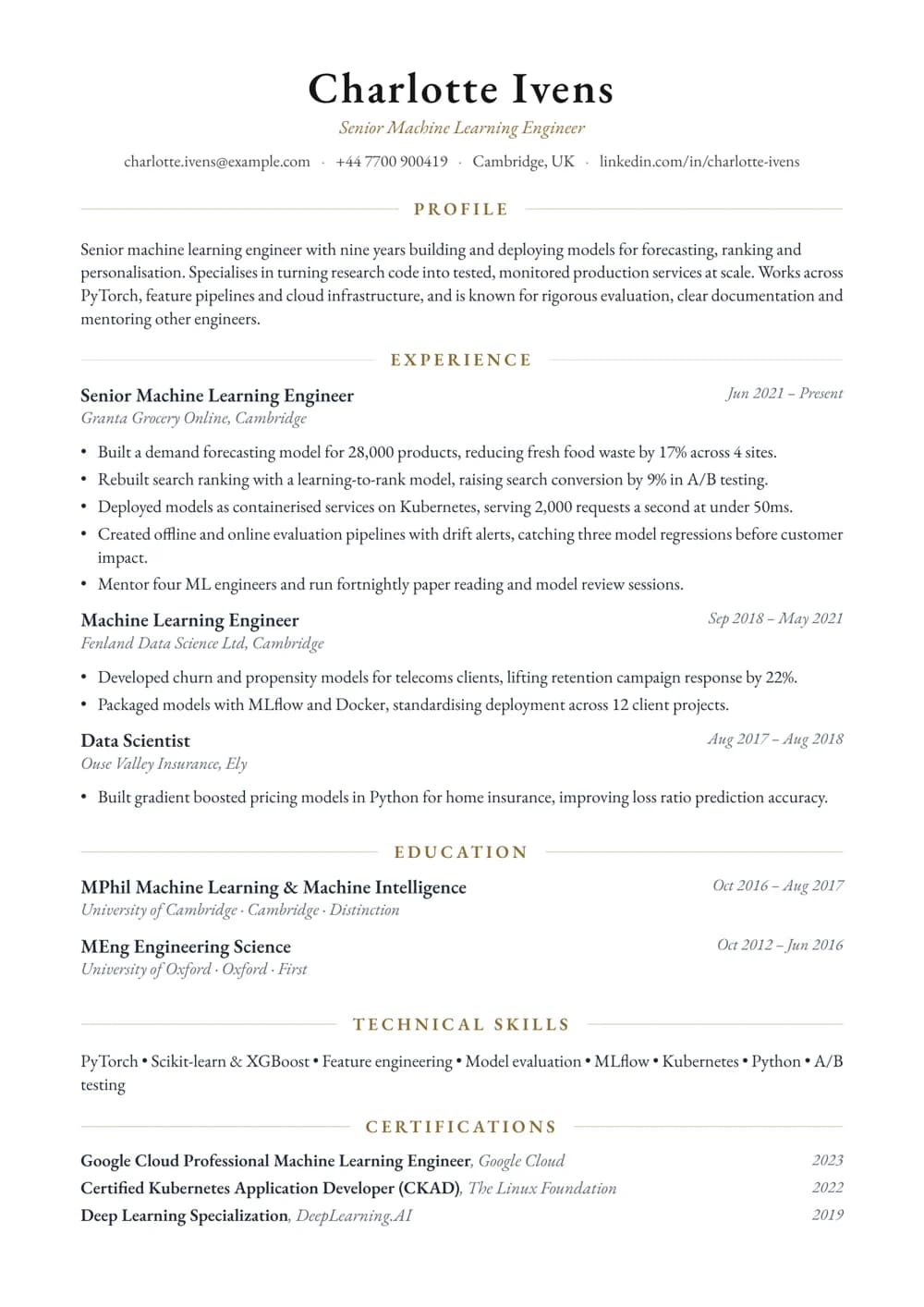 Machine Learning Engineer CV template
