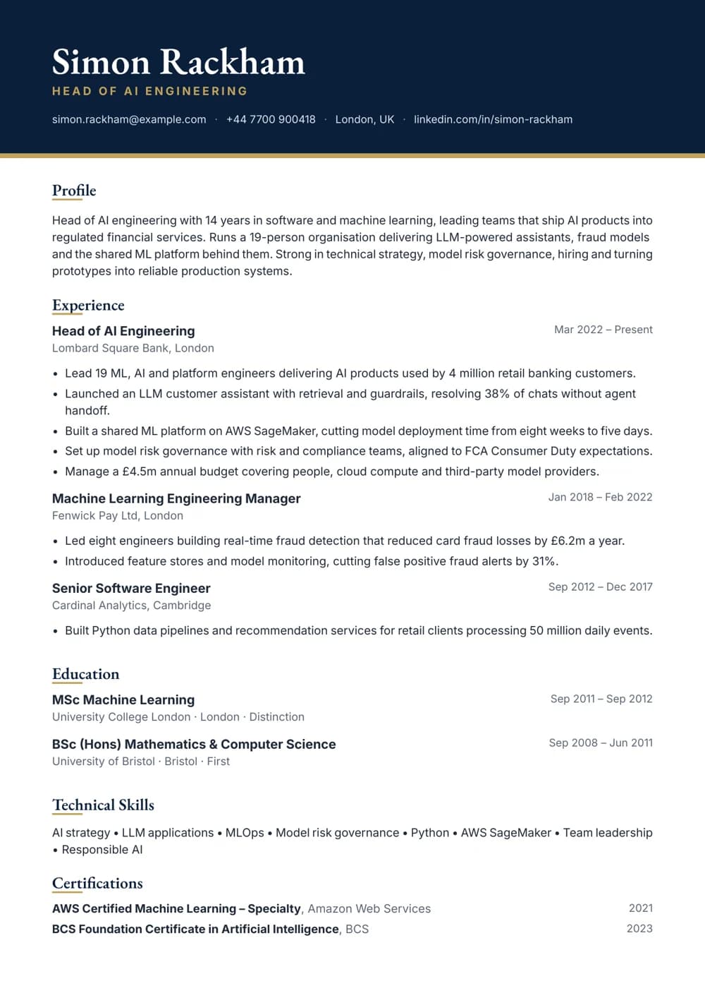 Head of AI Engineering CV template