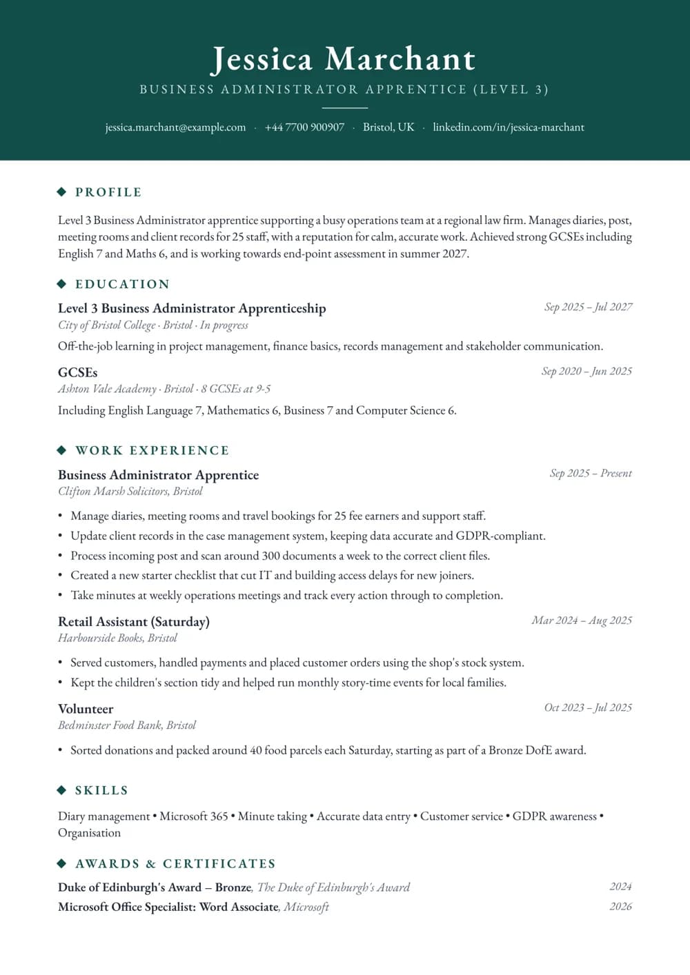 business admin apprentice cv template