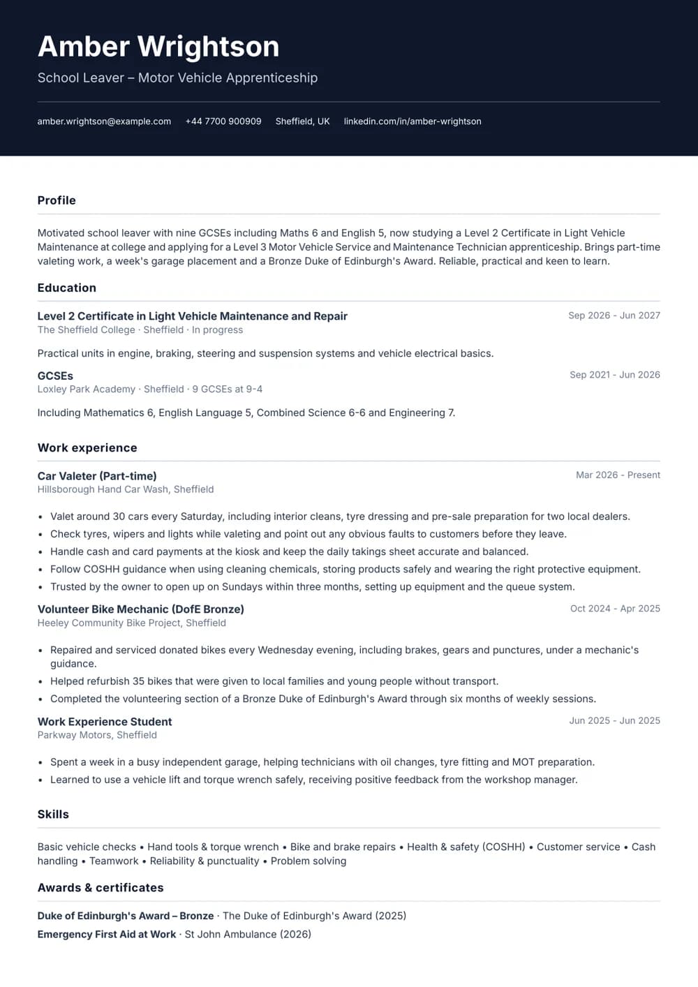 school leaver (level 2/3) cv template